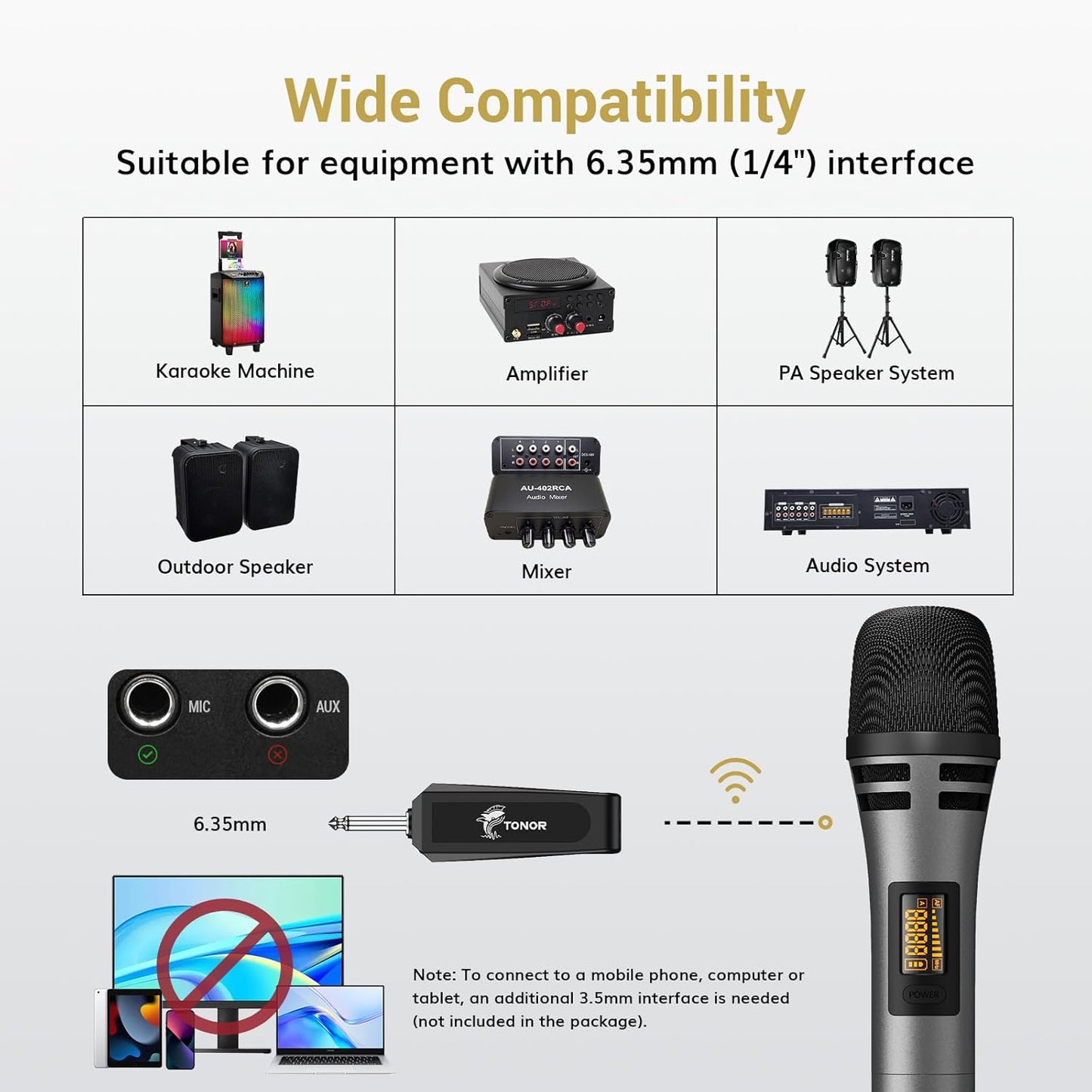 TONOR Wireless Microphones, UHF Dual Karaoke Microphone System, Microfonos Inalambricos with Rechargeable Receiver, Cordless Dynamic Mic for Singing, Wedding, DJ, Party, Speech TW320 Grey