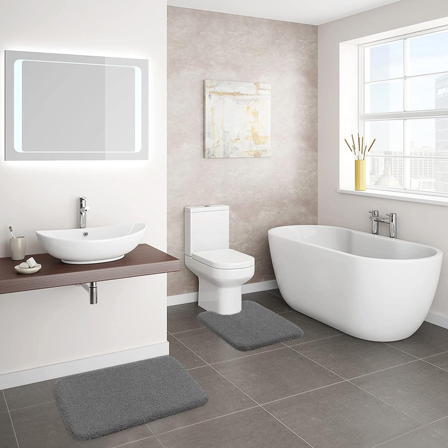 Bathroom Rugs Set 2 Pieces - Bath Rugs Ultra Soft Absorbent Non-Slip Fluffy Thick Microfiber Cozy Bath Mats Set for Tub Shower Bathroom Floors Accessories, 20"x32" & 16"x24" Set of 2 (Beige)