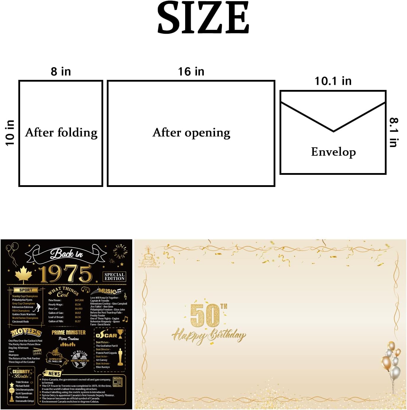 50th Birthday Card, Jumbo CANADA 25x20cm Back in 1975, Gilding Happy 50th Birthday Decoration for Woman, Men, Funny 50 Birthday Gifts for Wife, Husband, Him, Her, Mom