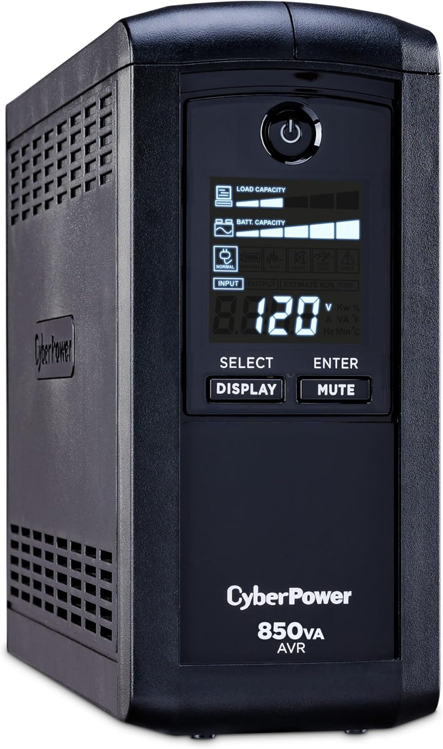 CyberPower CP1500AVRLCD3 Intelligent LCD UPS System, 1500VA/900W, 12 Outlets, 2 USB Ports, AVR, Mini Tower, Black