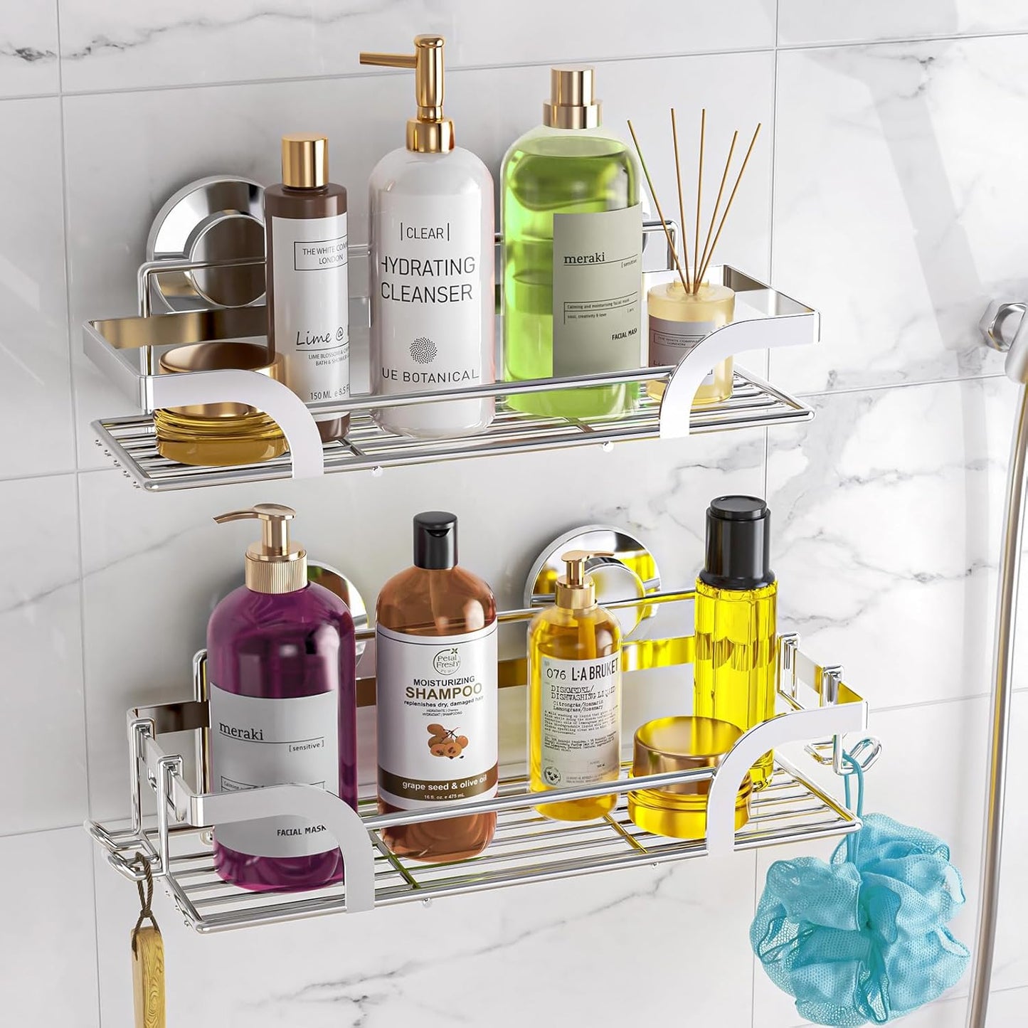 LEVERLOC Shower Caddy Suction Cup, 2 Pack Black Shower Shelf with Hooks and Soap Holder, NO-Drilling Bathroom Organizer, Rustproof Metal Bathroom Storage and Organization
