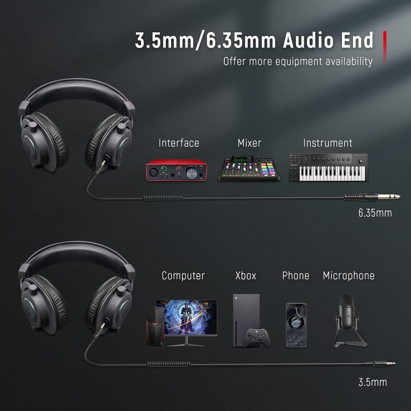 Fifine Studio Recording Monitor Over-Ear Headphones, Wired Black Headphones with Passive Noise-Canceling for Gaming Podcasting Music, Compatible for PC/Phones/Mixer, 3.5mm and 6.35mm Audio Jack-H8