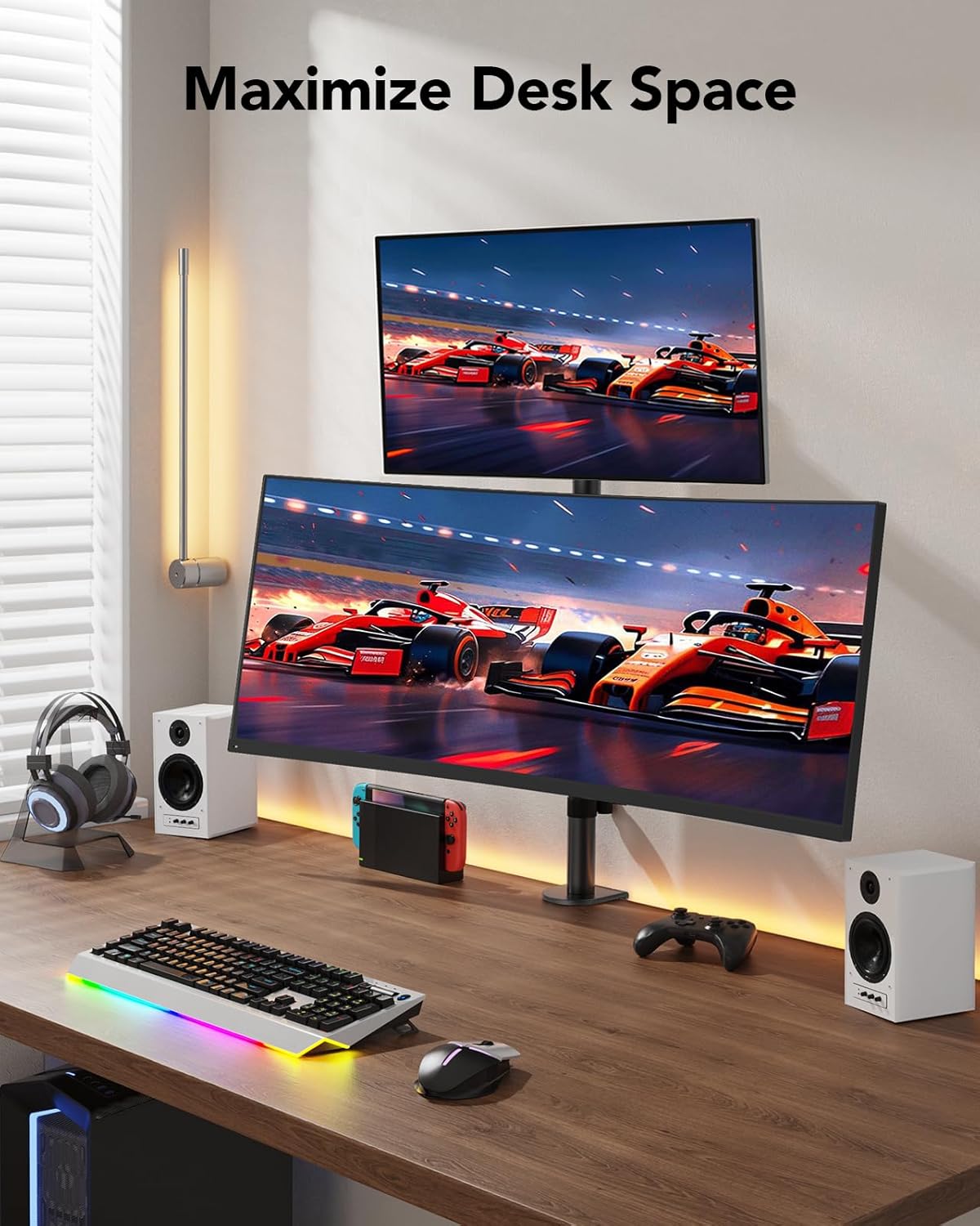 HUANUO Vertical Dual Monitor Mount for 17–32 Inch Screens, 17.6 lbs Capacity Each, Extra Tall Stacked Monitor Stand with Height Adjustment and C-Clamp,Gaming Monitor Arm
