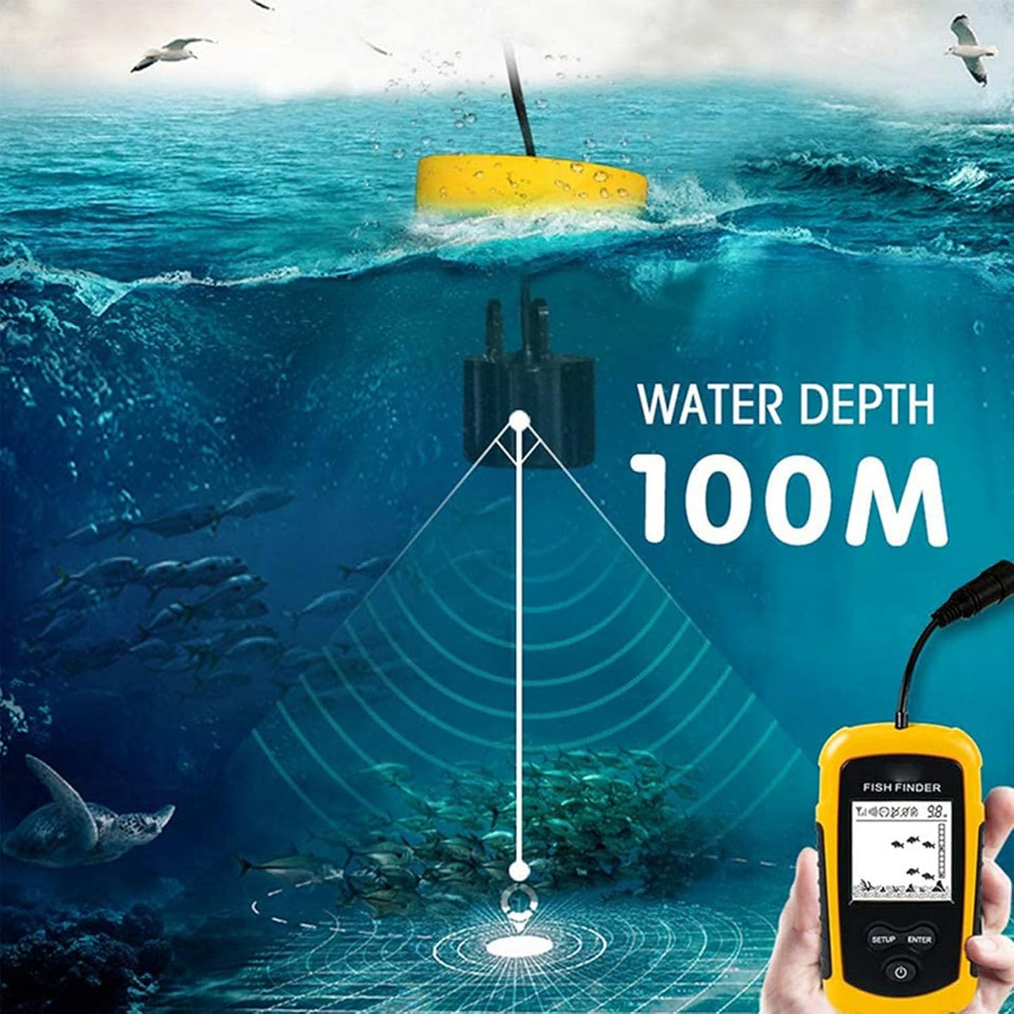 Portable Fish Depth Finder Sensitive Electronic Fishing Alarms Indicator LCD Display Handheld Fish Finder 200khz Sonar Frequency Castable Kayak Boat Fishfinder