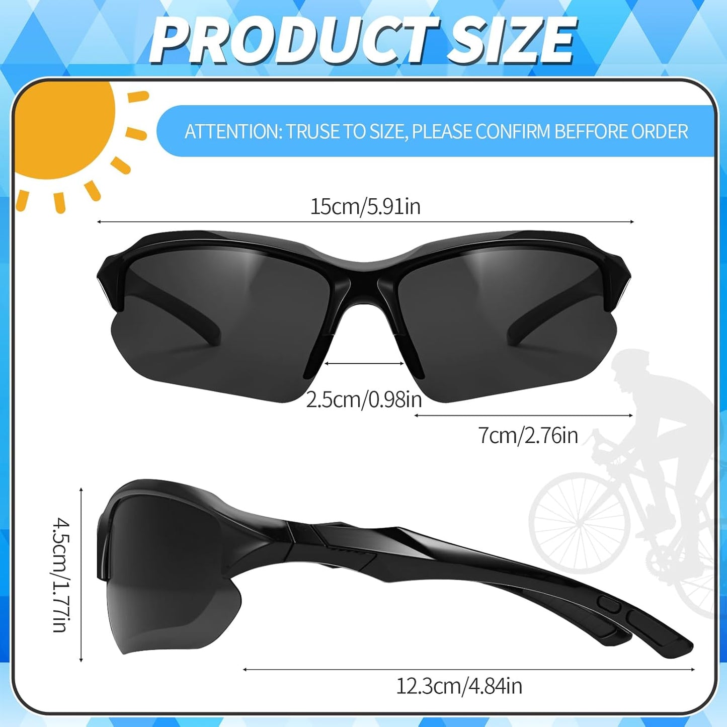 GGSTDDUP 4 Pack Polarized Sports Sunglasses for Men Women, UV Protection Lightweight Half Frame Sun Glasses for Outdoor Bicycle Motorbike Driving Fishing Golf, Black, 65mm