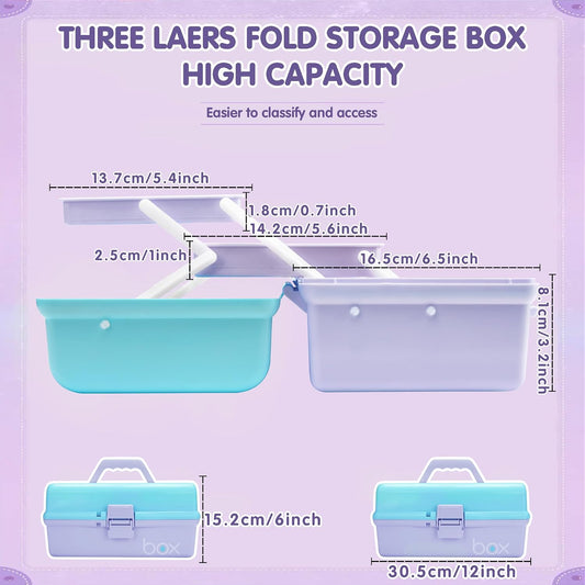30cm Three-Layer Multipurpose Storage Box Organizer Folding Tool Box/Art & Crafts Case/Sewing Supplies Organizer/Medicine Box/Family First Aid Box with 2 Trays (Purple Blue)