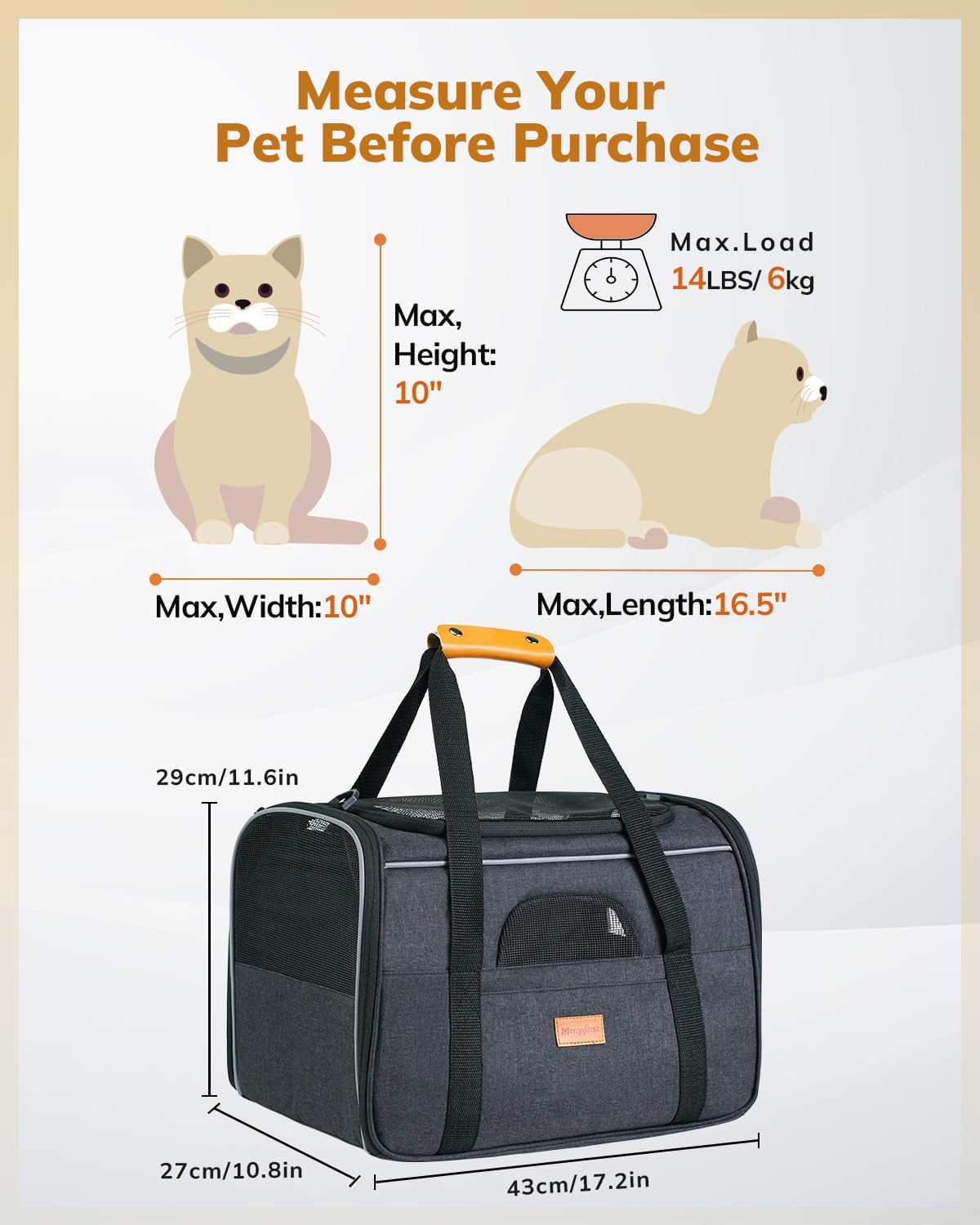 Morpilot Cat Carrier Soft - Portable Pet Carrier for Small or Medium Cats, Dogs and Puppy up to 14lbs, Airline Approved Dog Carrier with Safety Buckle - (Dark Gray)