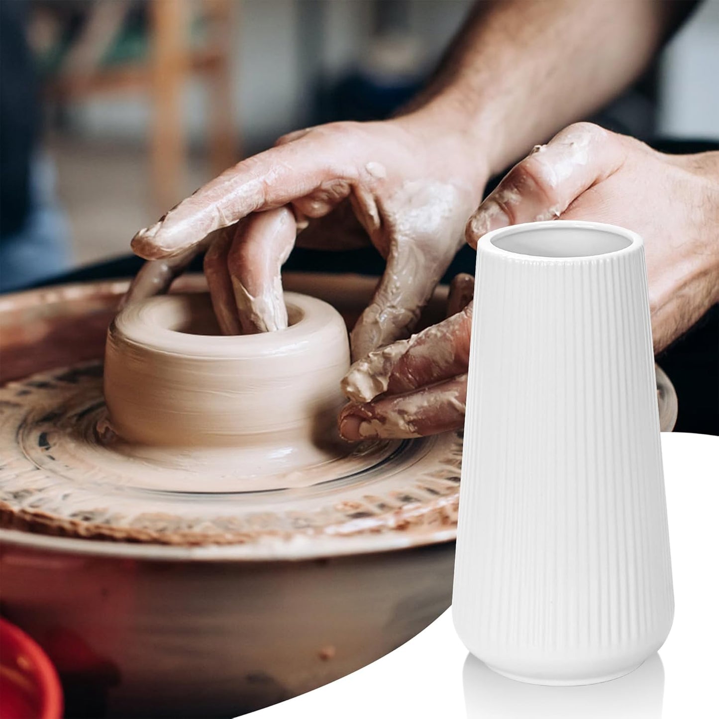 White Ceramic Vase, GUKJOB Small Cute Flower Vase for Pampas Grass, Home, Living Room, Dining Table, Farmhouse, Office Decor, Bedroom, Table, and Kitchen Shelf (White)