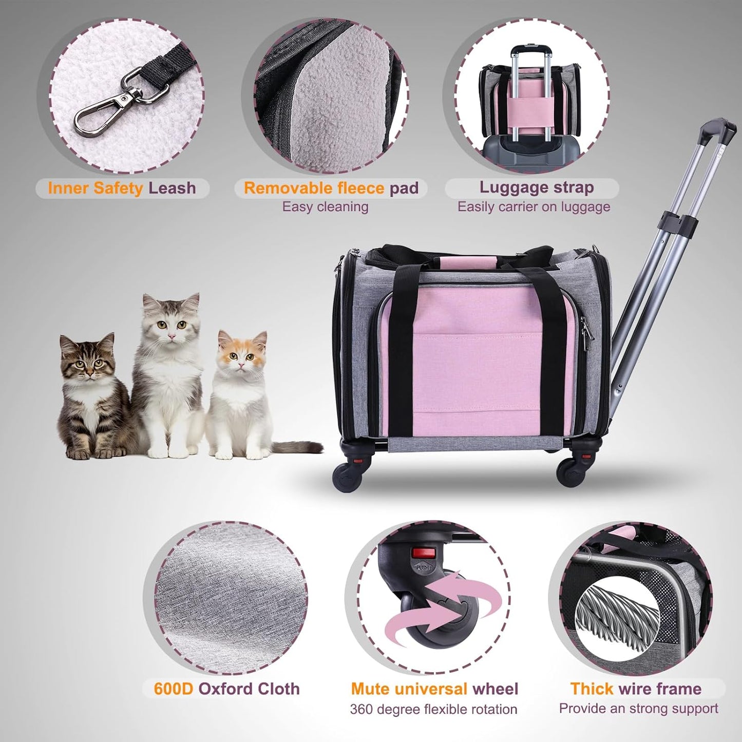 Pet Carrier Airline Approved on Wheels - Two Sided Expandable Cat Soft Carrier for Puppy and Cats Under 26lbs, Rolling Cat Carrier for Airplane, Camping, Outdoor(Pink)
