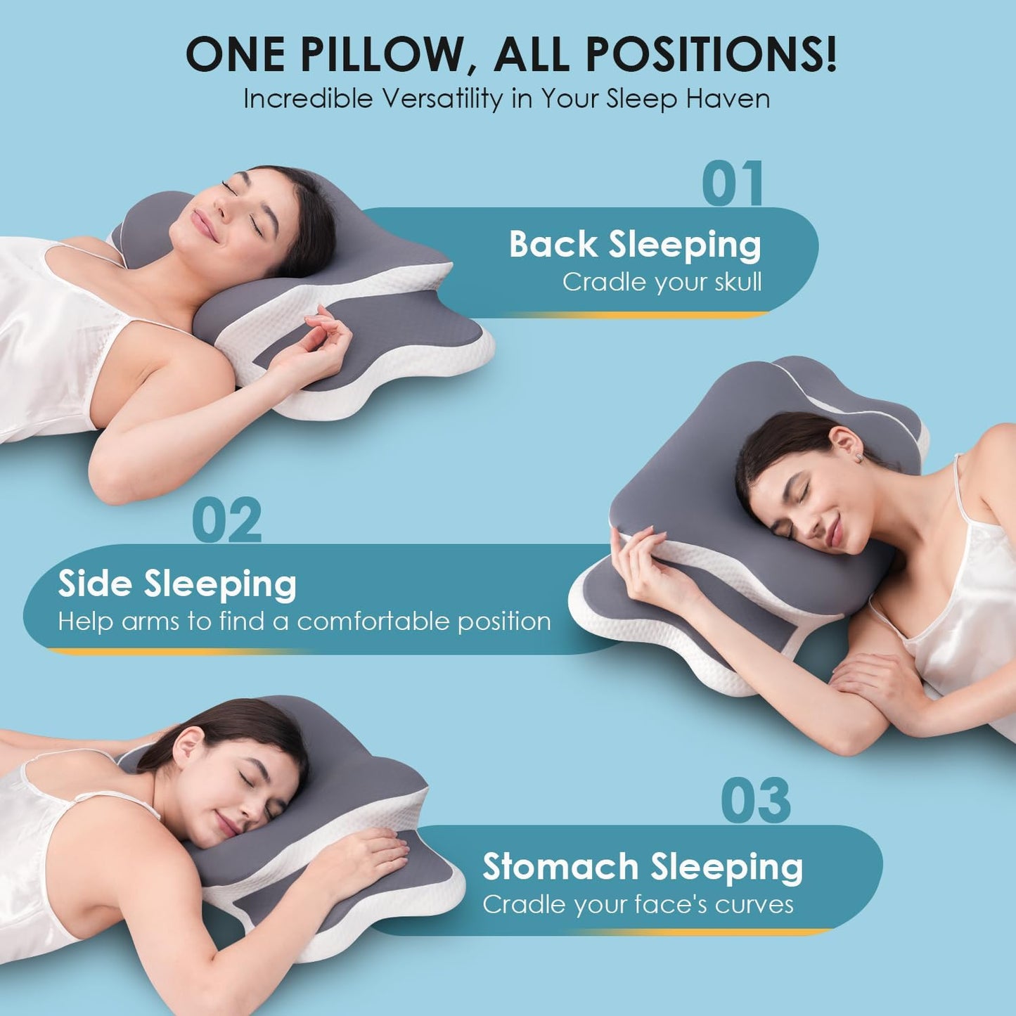 Memory Foam Pillow, 2 in 1 Cervical Pillow for Neck Pain Relief, Ergonomic Neck Support Pillows for Side Back Stomach Sleepers with Comfortable and Breathable Pillowcase