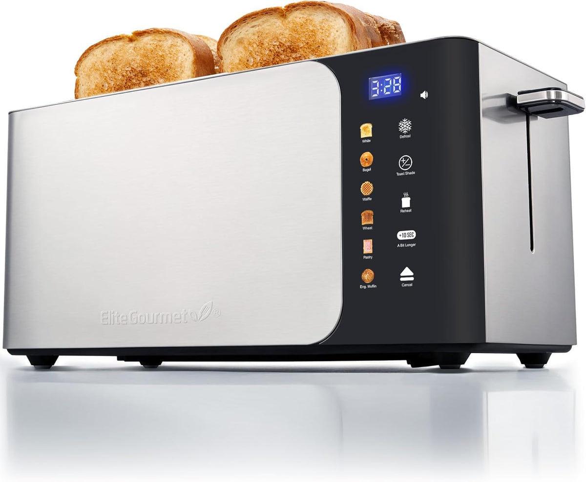 Elite Gourmet ECT5924D SmartToast Digital Long Slot 4 Slice Toaster, 1.5” Wide Slots for Thick Breads & Bagel Function, LED Touch Screen, Countdown Timer, 6 Shades, Stainless Steel