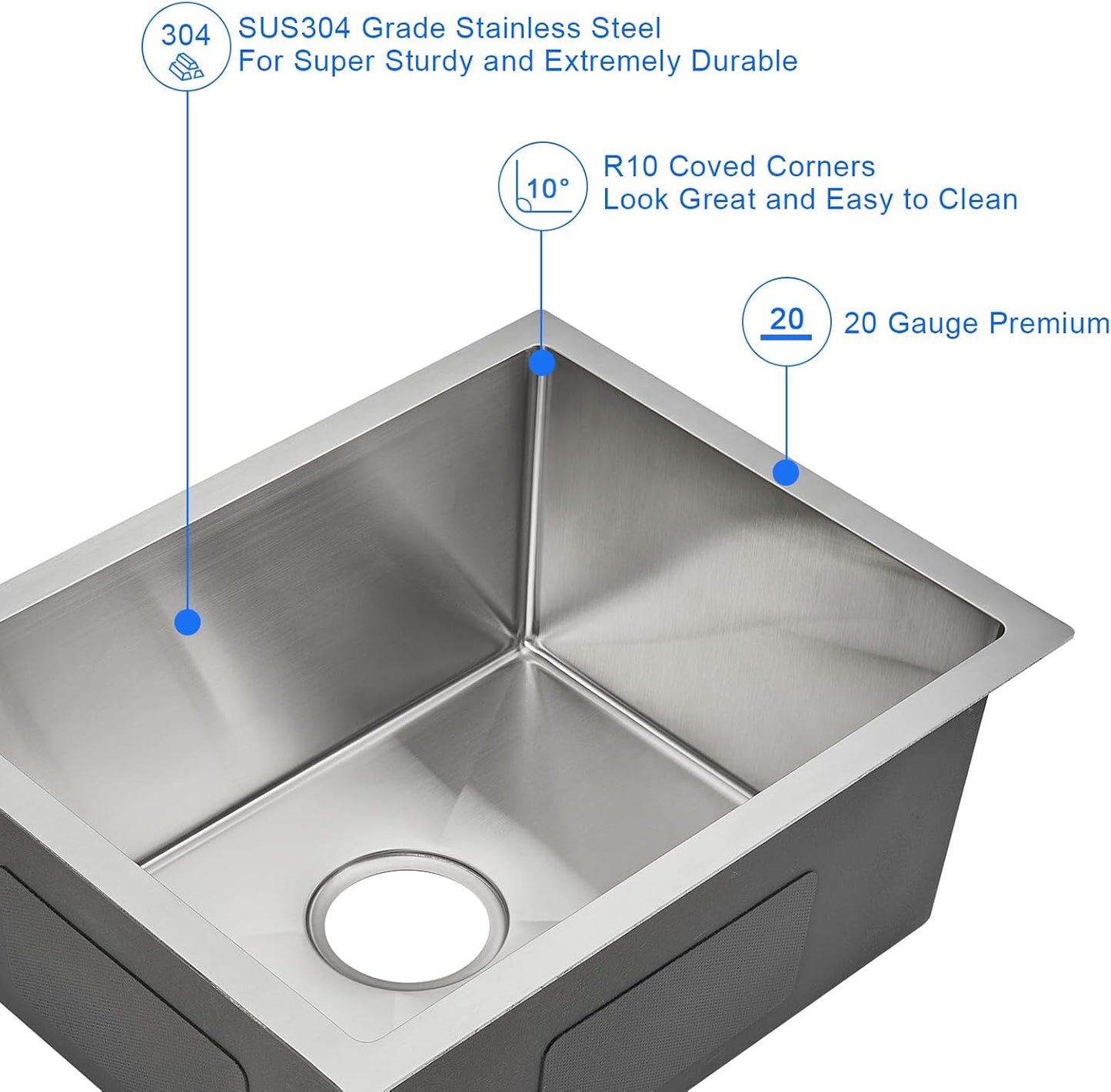 MENATT 20-inch Undermount Kitchen Sink, SUS304 Stainless Steel Handmade Single Bowl Kitchen Sink with Sink Strainer (Brushed), 20"x16"x9"