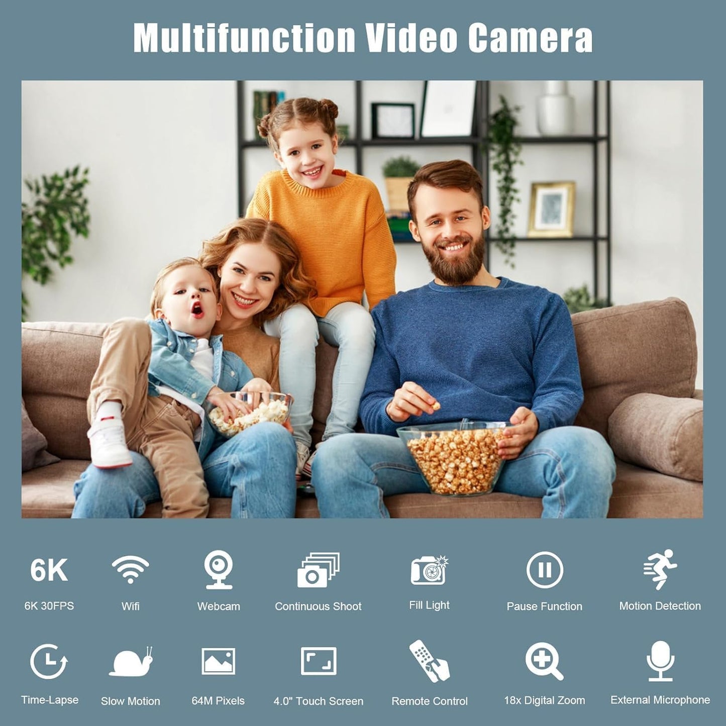 6K Camcorder Video Camera HD 64MP IR Night Vision Vlogging Camera for YouTube 18X Digital Zoom 4.0 Inch Touch Screen Video Camera with WiFi, Microphone, Stabilizer, Remote Control, 64GB SD Card