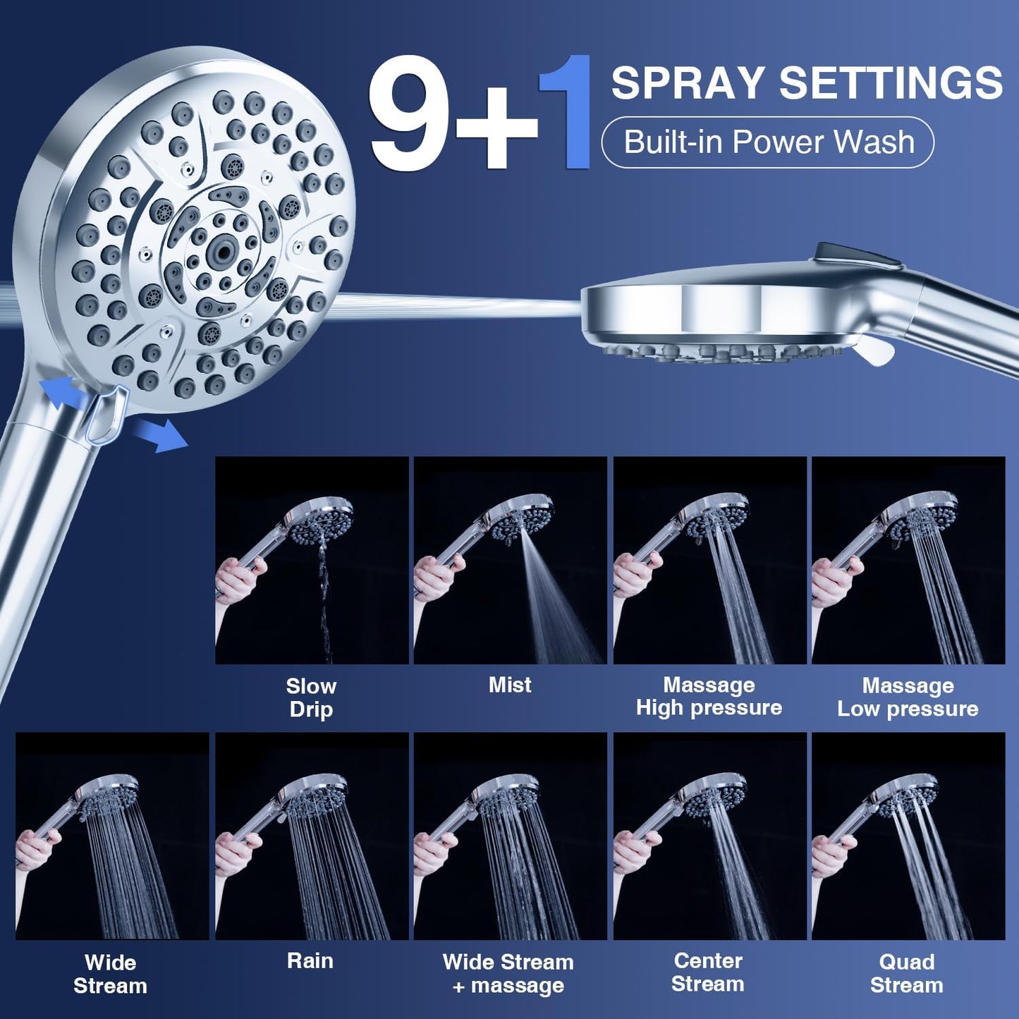 High Pressure 10-Mode Handheld Shower Head - Built in Power Wash for Clean, Replaceable Filter Soften Hard Water Remove Chlorine, 60 Inches Hose, Overhead Bracket, Anti-Clog Nozzle (Chrome)