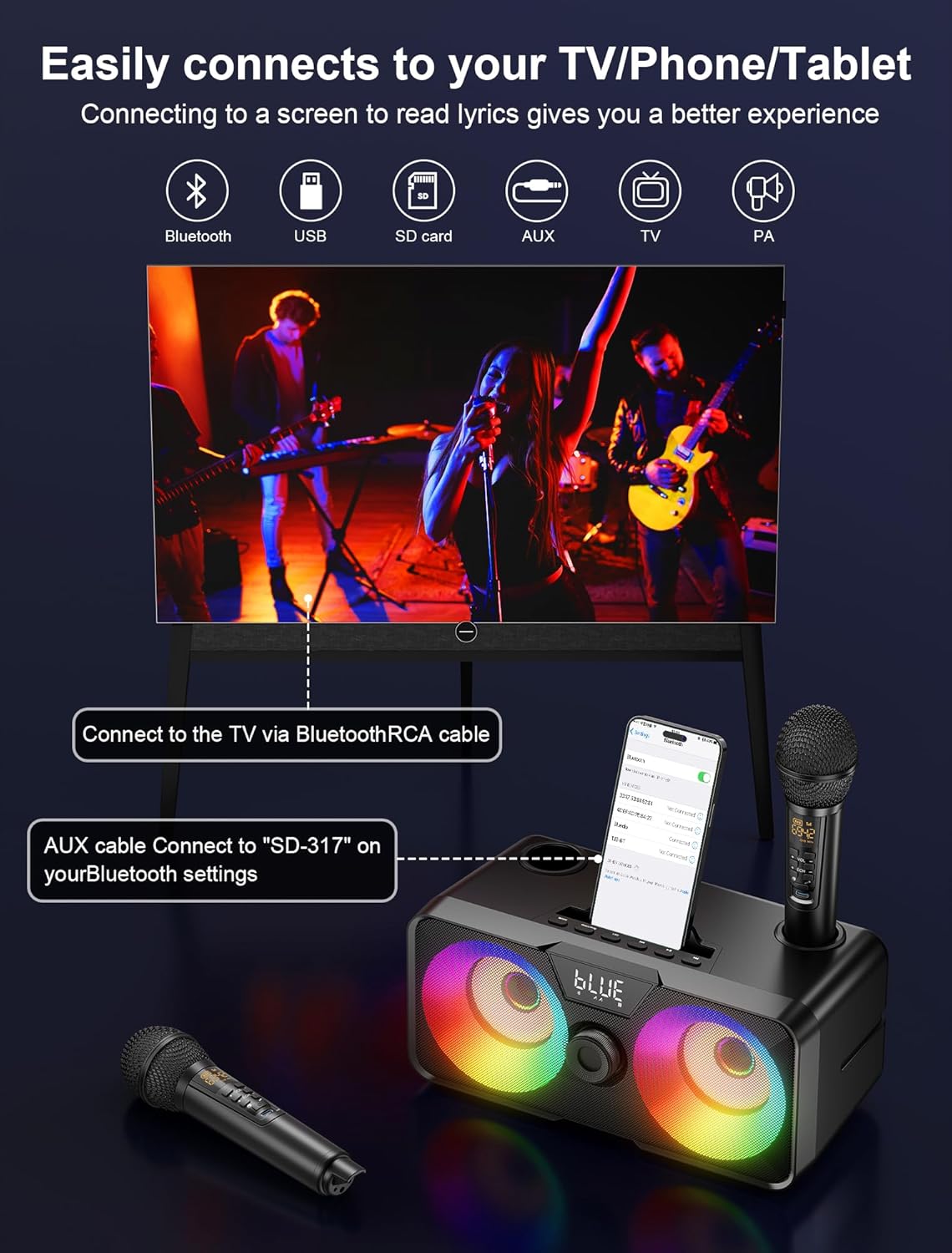 Karaoke Machine for Adults Kids with 2 UHF Wireless Microphones,Portable Bluetooth Singing PA Speaker System with LED Lights for Home Party,Outdoor/Indoor/Wedding,Church,Picnic,Birthday Gifts (SK1)