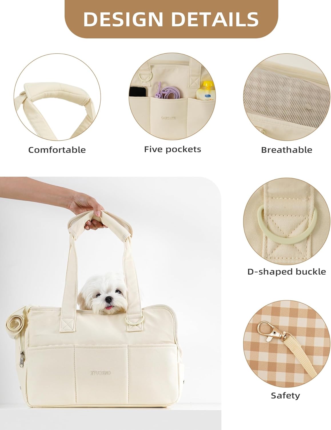 Dog Purse Carrier for Small Dogs Rabbit cat with Large Pockets, Cotton Bag, Dog Carrier Soft Sided, Collapsible Travel Puppy Carrier (Grey, 13.6" L x 6.5" W x 10" H)