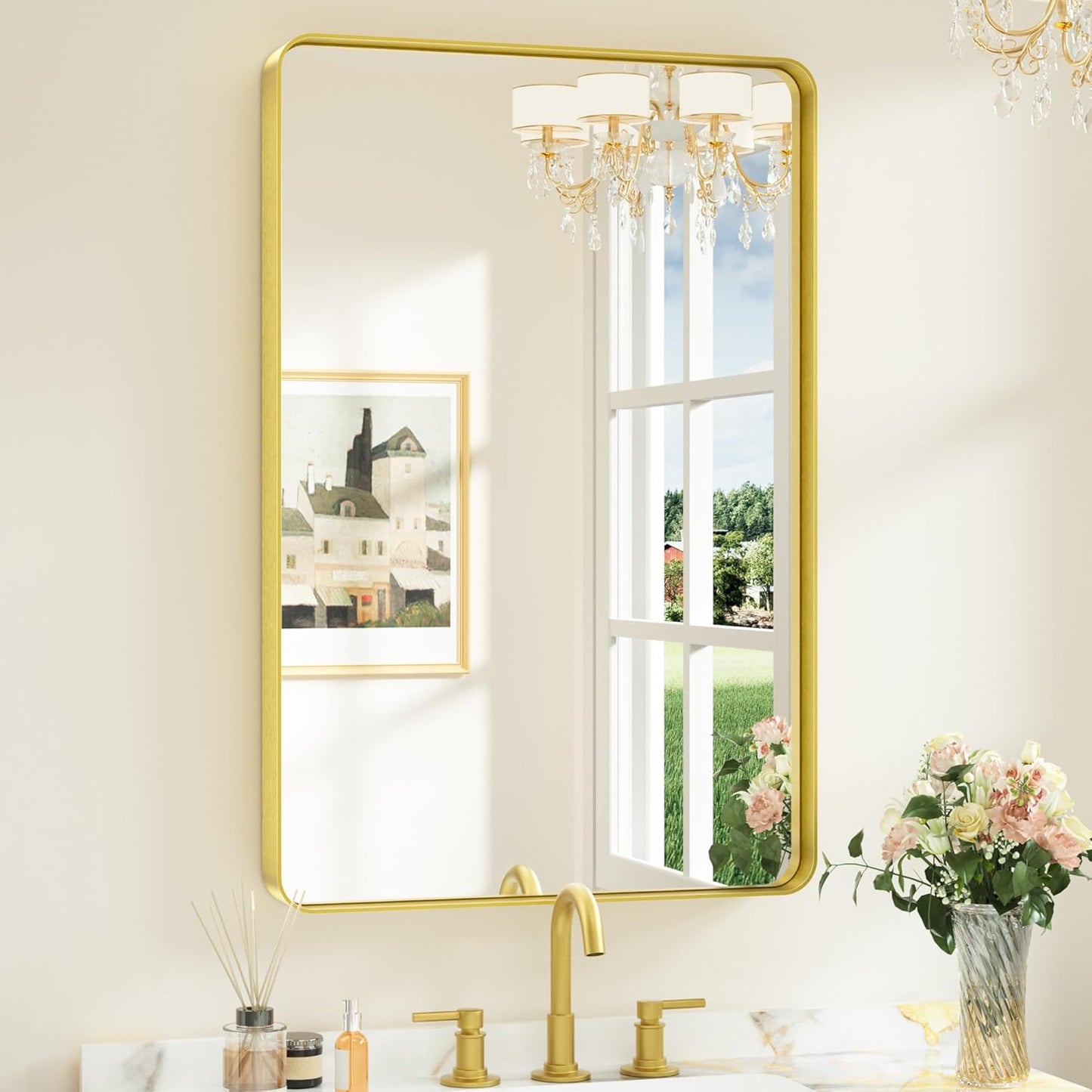 Keonjinn 42 x 36 Brushed Nickel Bathroom Vanity Mirror, Large Rounded Rectangle Bathroom Mirrors for over Sink, Metal Framed Silver Mirror for Wall, Shatterproof HD Tempered Glass(Horizontal/Vertical)