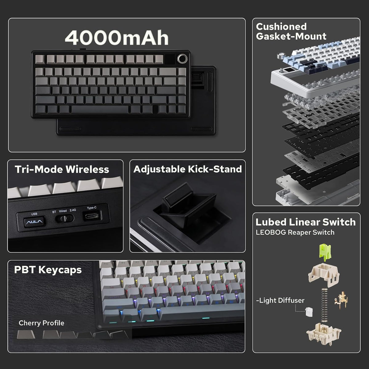 EPOMAKER X Aula F75 MAX Tri-Mode Wireless Gaming Keyboard, TFT Screen, Knob, Hot Swappable, 2.4GHz/Type-C/BT5.0, Gasket Creamy, for PC/Mac/Office/Gaming (Black Gradient)