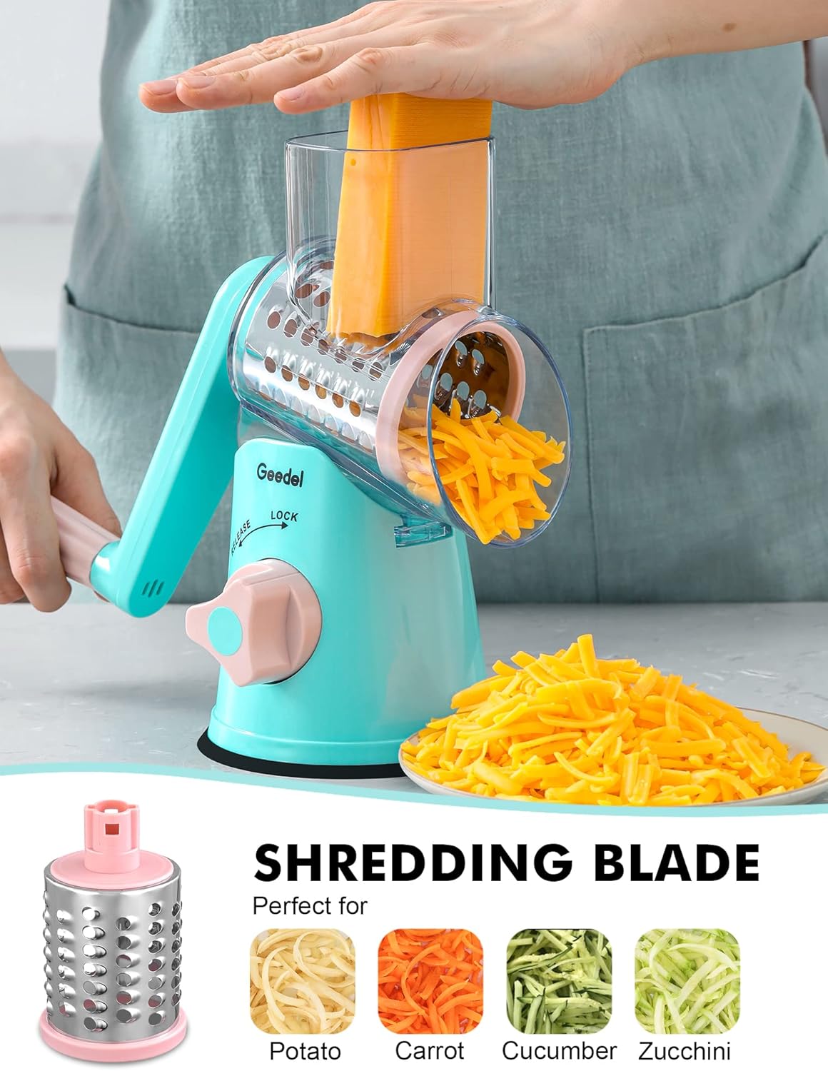 Geedel Kitchen Cheese Grater, Rotary Mandoline Vegetable Slicer with Interchangeable Blades, Easy to Use Rotary Grater Slicer for Fruit, Vegetables, Nuts