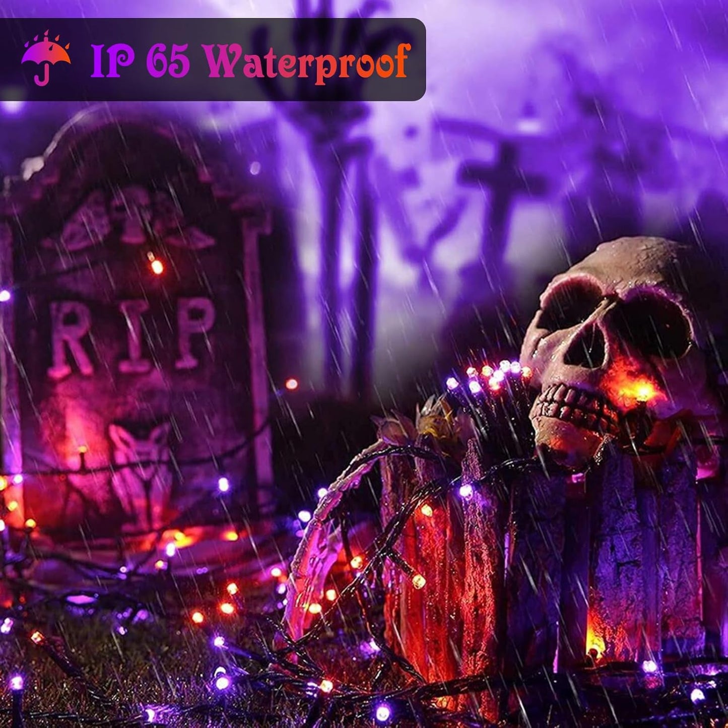 Tcamp 105FT 300 LED Purple Orange Halloween Decorations Lights Motion Activated Sync with 4 Scary Music, 6 Modes Halloween String Lights for Party Yard Outdoor Indoor Decor (3 Sets Connectable)