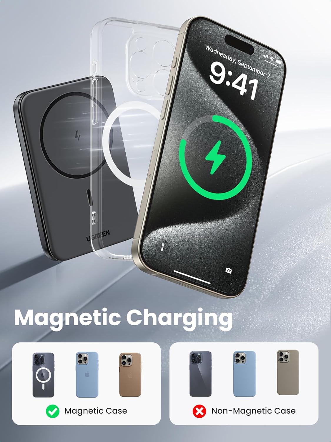 UGREEN Magnetic Power Bank 5000mAh, 15W USB C PD Fast Charge Portable Charger Compatible with iPhone 16 Pro Max, 15,14 Plus, 13, 12 Series with 60W 0.5M Cable, Black