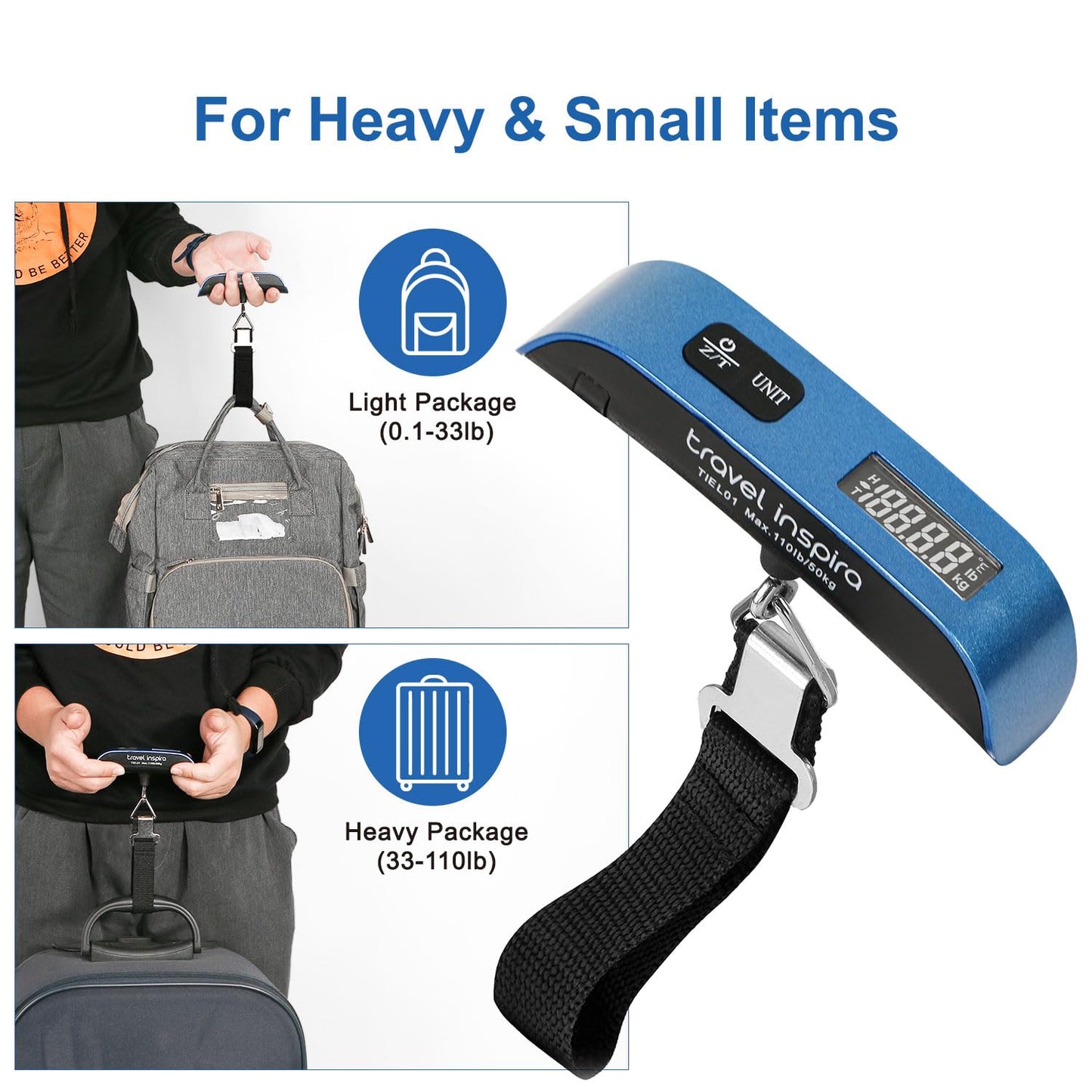 travel inspira Luggage Scale, Portable Digital Hanging Baggage Scale for Travel, Suitcase Weight Scale with Rubber Paint, 110 Pounds, Battery Included - Blue