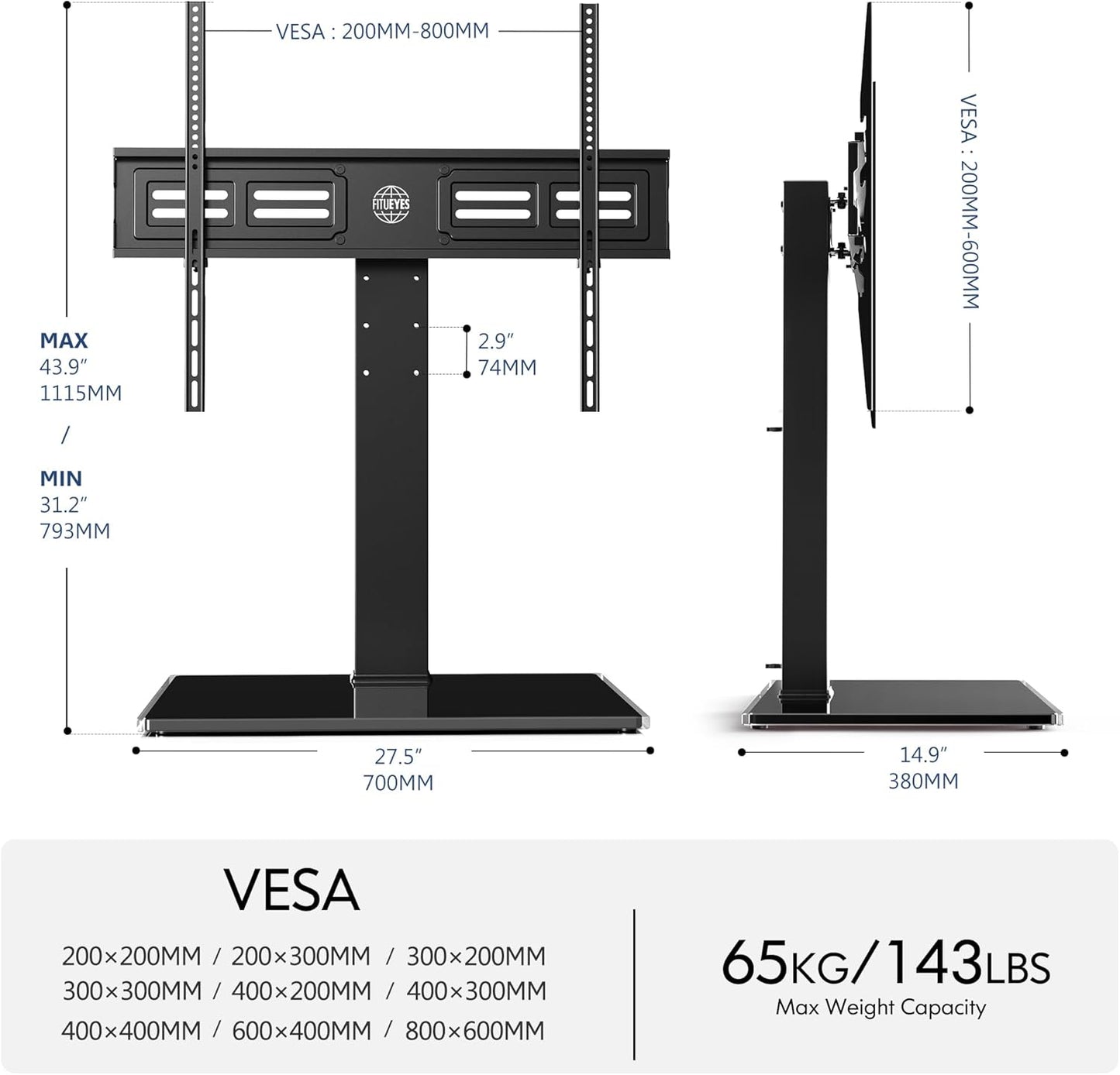 FITUEYES Universal TV Stand for 50-85 inch TVs | 44 Inch Tall Table Top TV Stand with 80° Swivel | Holds up to 143lbs | Max VESA 800x600mm | for Living Room