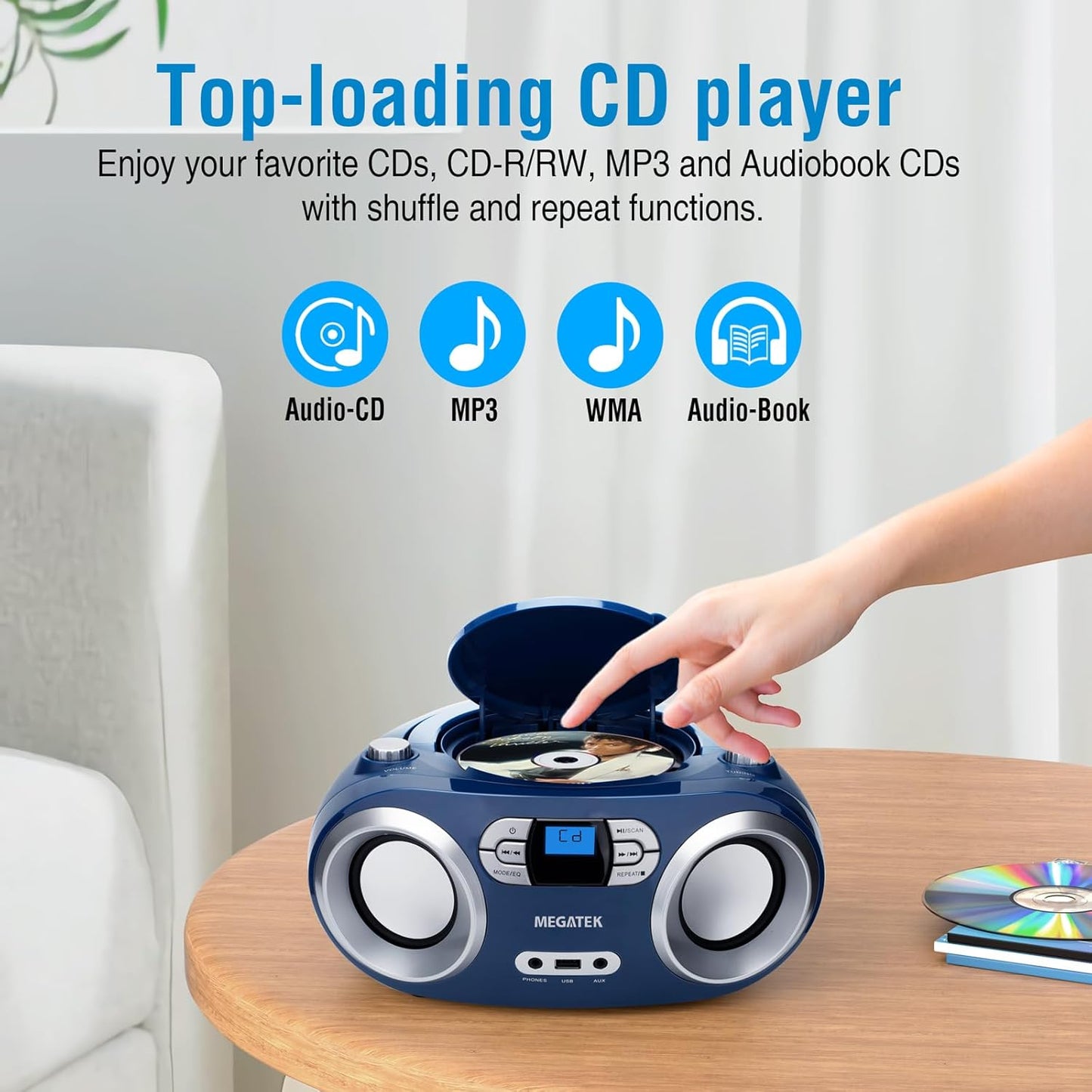 MEGATEK Portable CD Player Boombox with FM Radio, Bluetooth, USB Port, AUX Input, and Headphone Jack – CD-R/CD-RW/MP3-CD Compatible, Clear Stereo Sound, Backlit LCD Display – Black