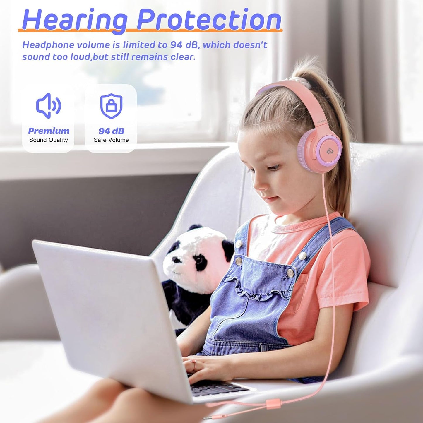 INFURTURE Kids Headphones for School Travel, 94dB Safe Volume Limited, HD Mic Stereo Sound Over-Ear Girls Boys Headphones for Kid, Foldable 3.5mm and USB-C Wired Headphones for iPad Computer