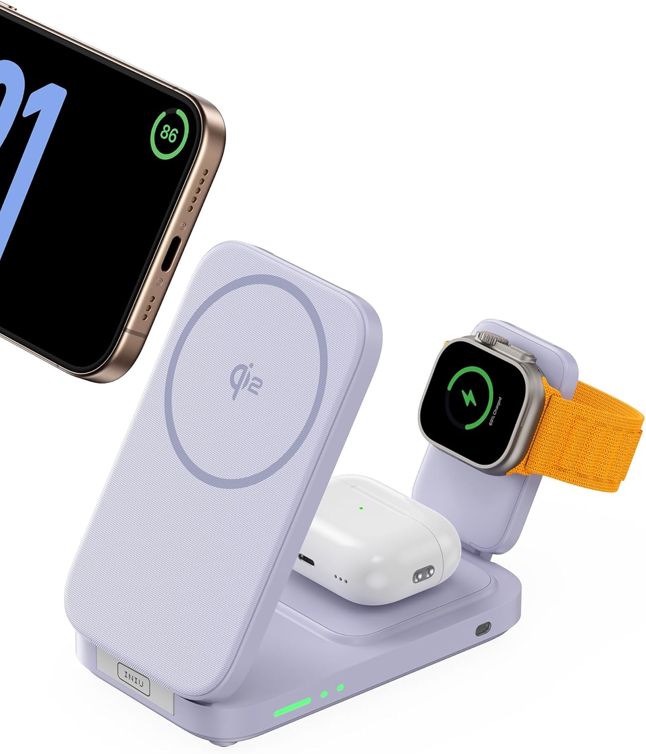 INIU 3 in 1 Wireless Charging Station, Qi2 Certified 15W Travel Charger for Apple Multiple Devices, Foldable Charger Stand for iPhone 16 15 14 13 12 Series Apple Watch AirPods (with Adapter)
