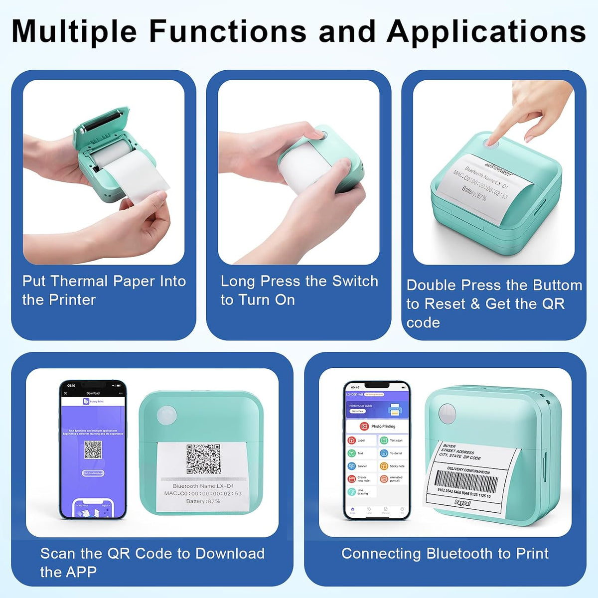 Label Maker Machine with Tape - Thermal Label Printer Bluetooth Label Maker Machine, Mini Printer Sticker Maker for Home, Kitchen, School, Office Organization with 2 Rolls Paper (Green) - PuriLite