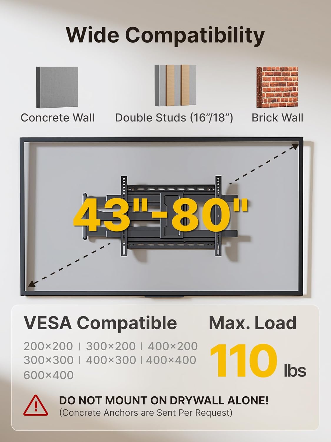 monTEK Long Arm TV Wall Mount for Most 43-90 Inch TVs, 42.5 Inch Long Extension TV Mount Swivel and Tilt, Full Motion Wall Mount TV Bracket Fit Max VESA 800 x 400mm, Up to 132 lbs, 16”,18” Studs