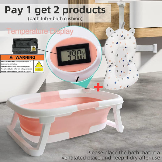 Befol Collapsible Baby Bathtub for Infants to Toddler, Portable Travel Bathtub Multifunctional Bathtub with Drain Hole, Baby Folding Bathtub for Newborn 0-36 Month (Blue+Floating Baby Bath Cushion Pink - PuriLite