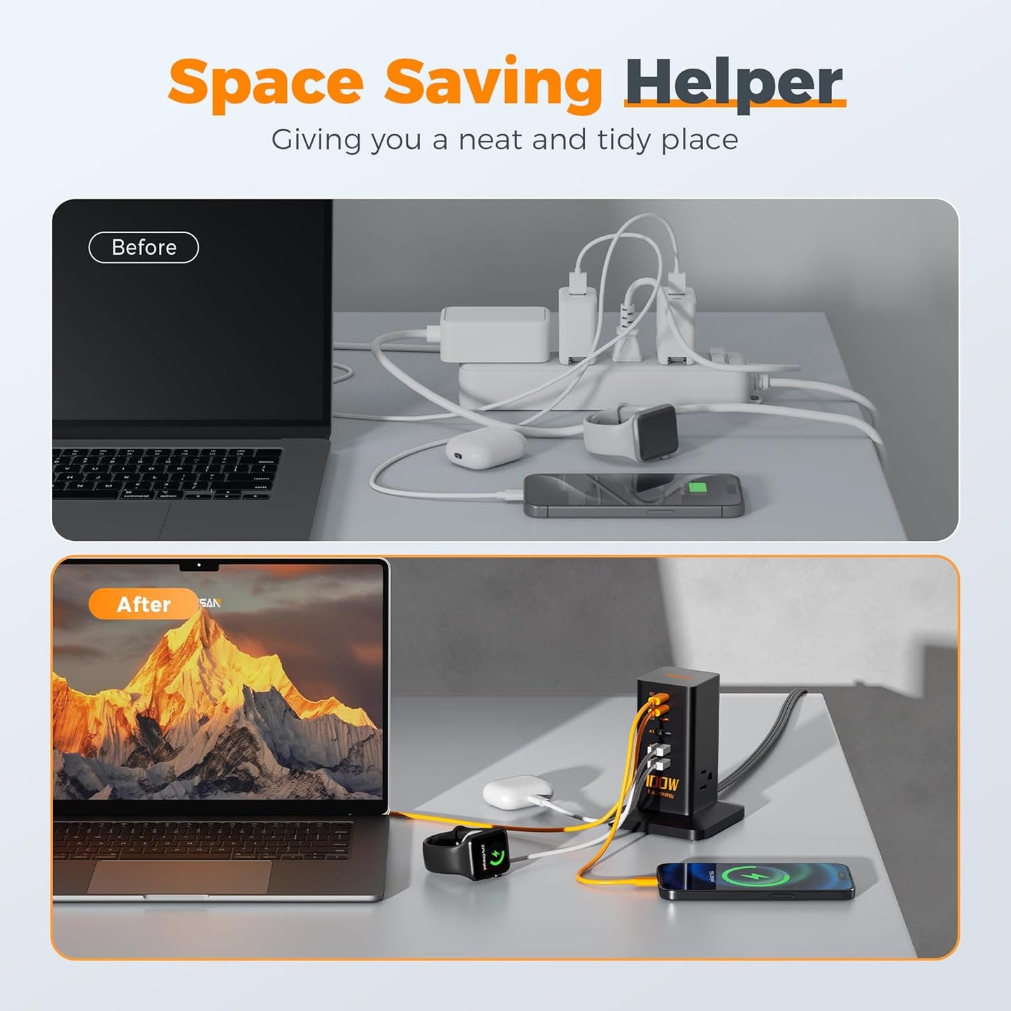 Charging Station, TESSAN 65W Max GaN USB C Charger Block, 6-Ports and 3 AC Outlets Power Tower, Fast Charging for Multiple Devices, Compatible with iPhone, Samsung and More