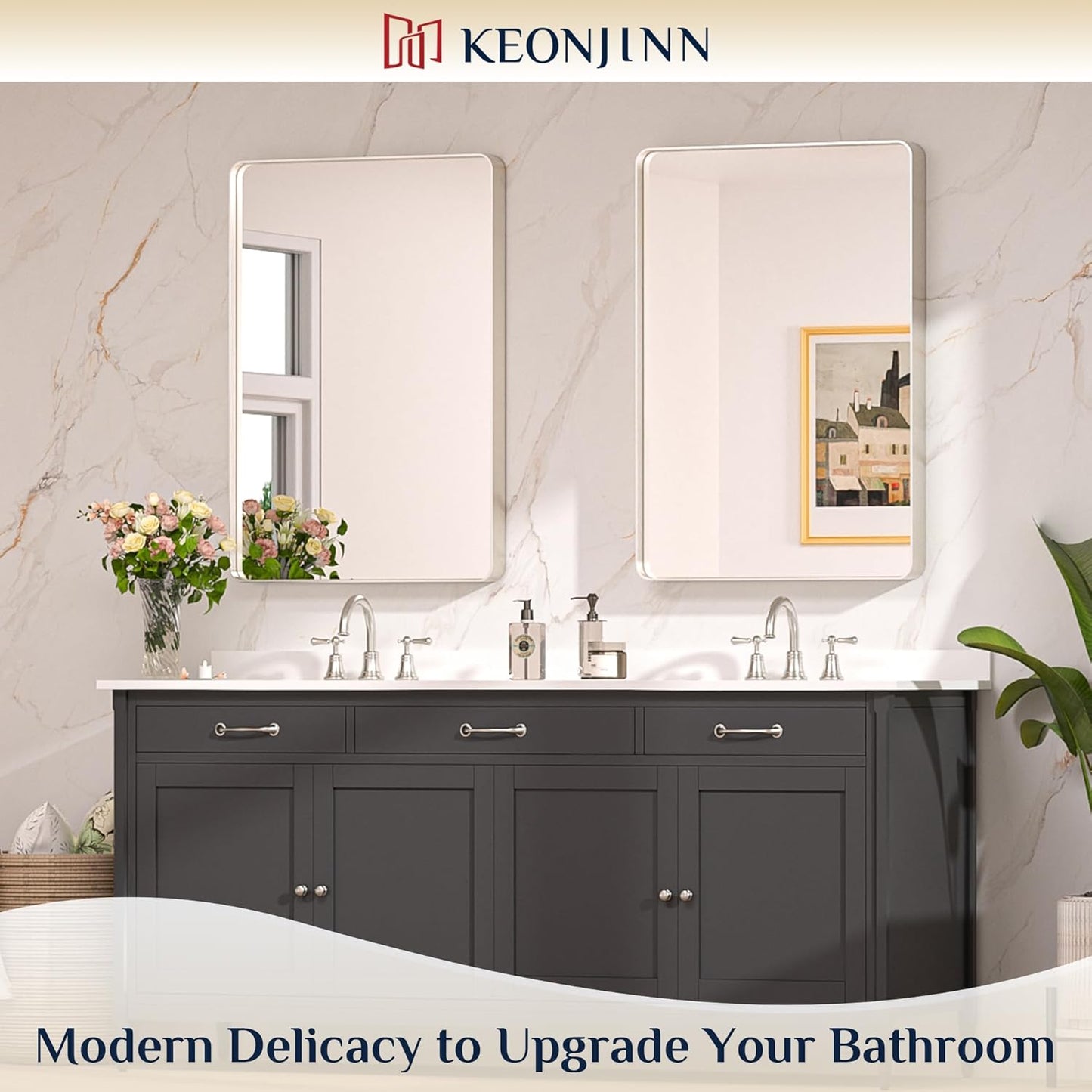 Keonjinn 42 x 36 Brushed Nickel Bathroom Vanity Mirror, Large Rounded Rectangle Bathroom Mirrors for over Sink, Metal Framed Silver Mirror for Wall, Shatterproof HD Tempered Glass(Horizontal/Vertical)