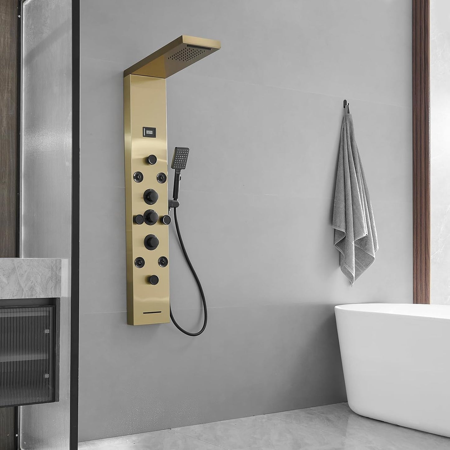 Bathfinesse Shower Tower Bathroom Shower Panel System Rain Massage System 6 in 1 Body Spray Jets Shower Wall Panels Rainfall Waterfall Shower Head Tub Spout with Temperature Display,Matte Black