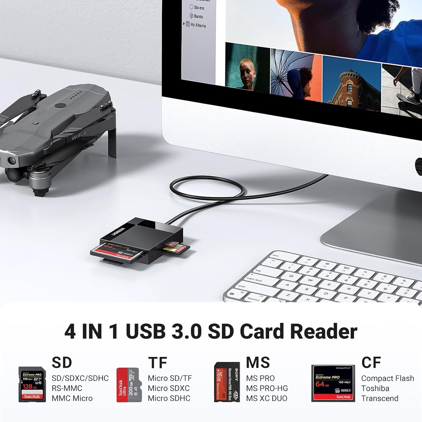 UGREEN SD Card Reader 4 in 1 USB 3.0 5Gbps Memory Card Adapter, Support Micro SD, MS, CF, UHS-I, SDHC, SDXC, MMC, MMC, Plug and Play on Windows macOS Linux Chrome