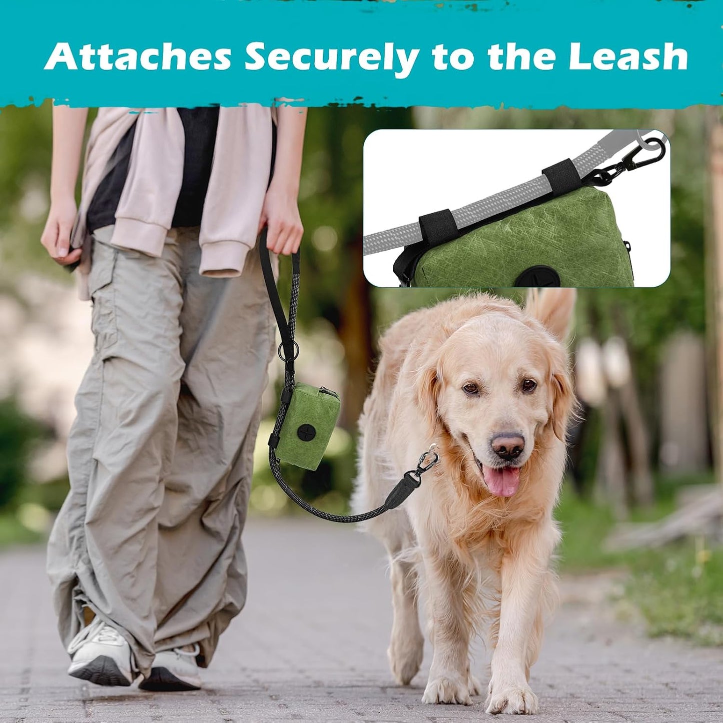 PetBonus Waterproof Dog Poop Bag Holder for leashes, Portable Pet Waste Bag Dispenser, 2 Pouches for Treat Holder and Walking Accessories, Fit All Leashes, Includes 1 Roll of Dog Poop Bags (Green)