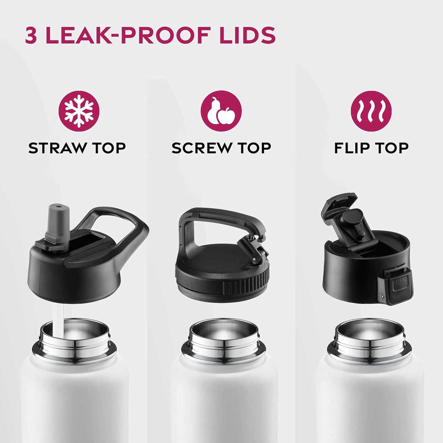 FineDine Water Bottle - Stainless Steel Insulated Water Bottle with Straw Lid, Flip Lid & Wide-Mouth Cap - Keeps Hot and Cold - 25 Oz / 739ml - Pure Pearly White