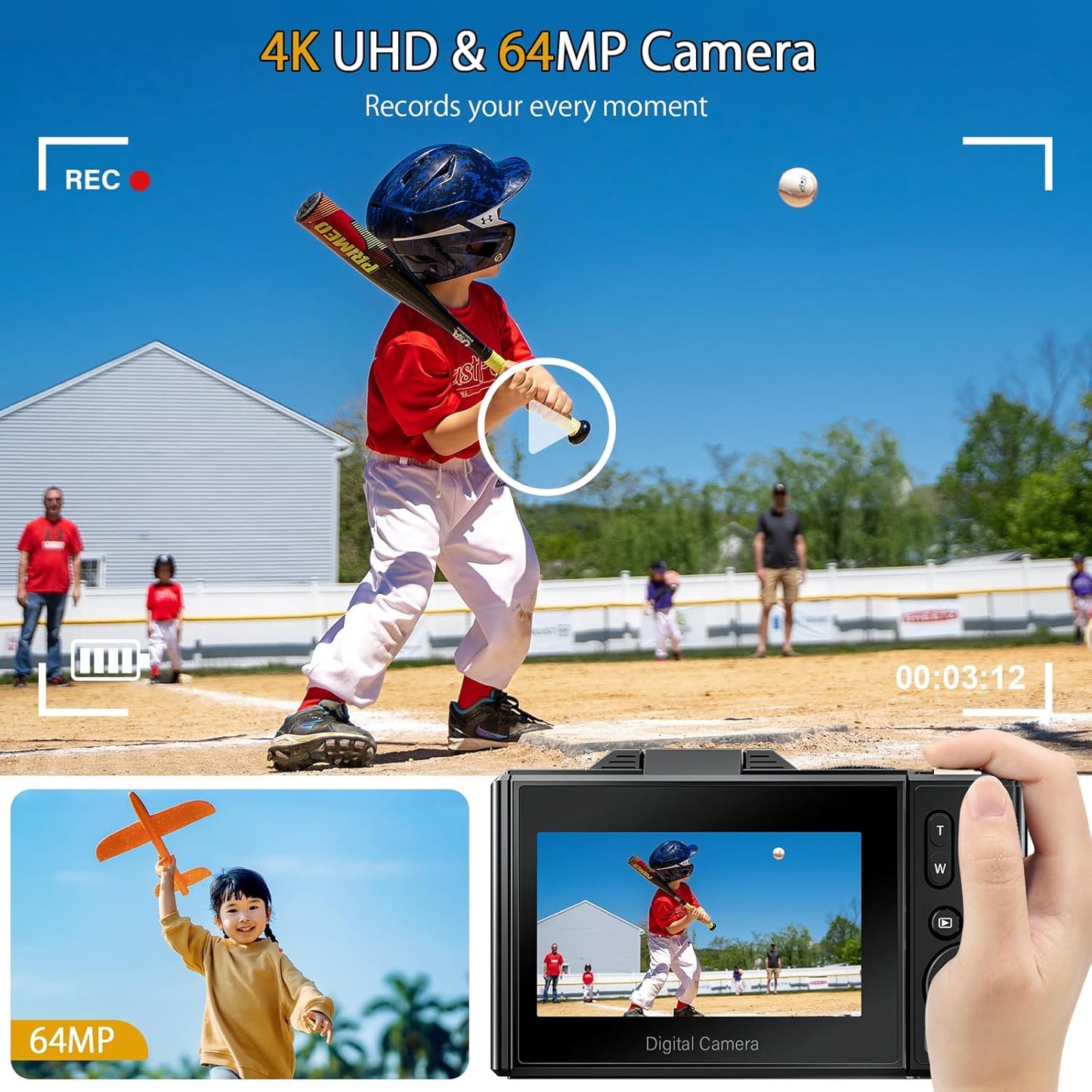 4K Digital Camera - 64MP Point and Shoot Digital Cameras for YouTube - 3.0'' Flip Screen 18X Zoom AutoFocus Vlogging Camera for Photography - Compact Video Camera with 2 Batteries, 32G SD Card