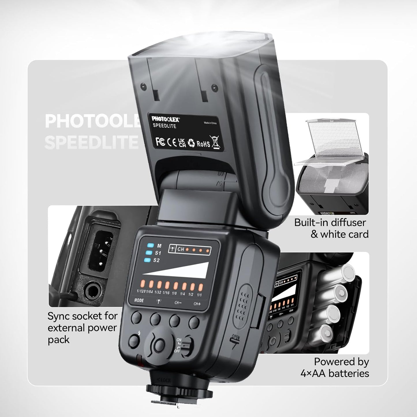 PHOTOOLEX Camera Flash Speedlite for Canon Nikon Sony Panasonic Olympus Fujifilm Pentax Sigma Minolta Leica and Other SLR Digital Cameras and Digital Cameras with Single Contact Hot Shoe