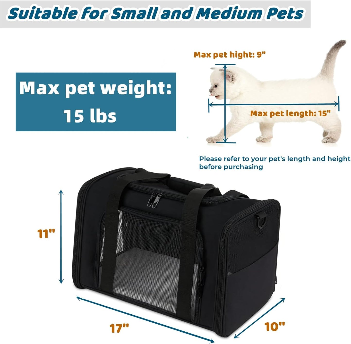 ORYEDA Cat Carrier Bag, Dog Travel Carriers, Airline Approved Soft-Sided Pet Carrier for Small Medium Cats and Small Dogs, Portable Carrier with 4 Open Doors and 3 Mesh Windows, Grey, Collapsible