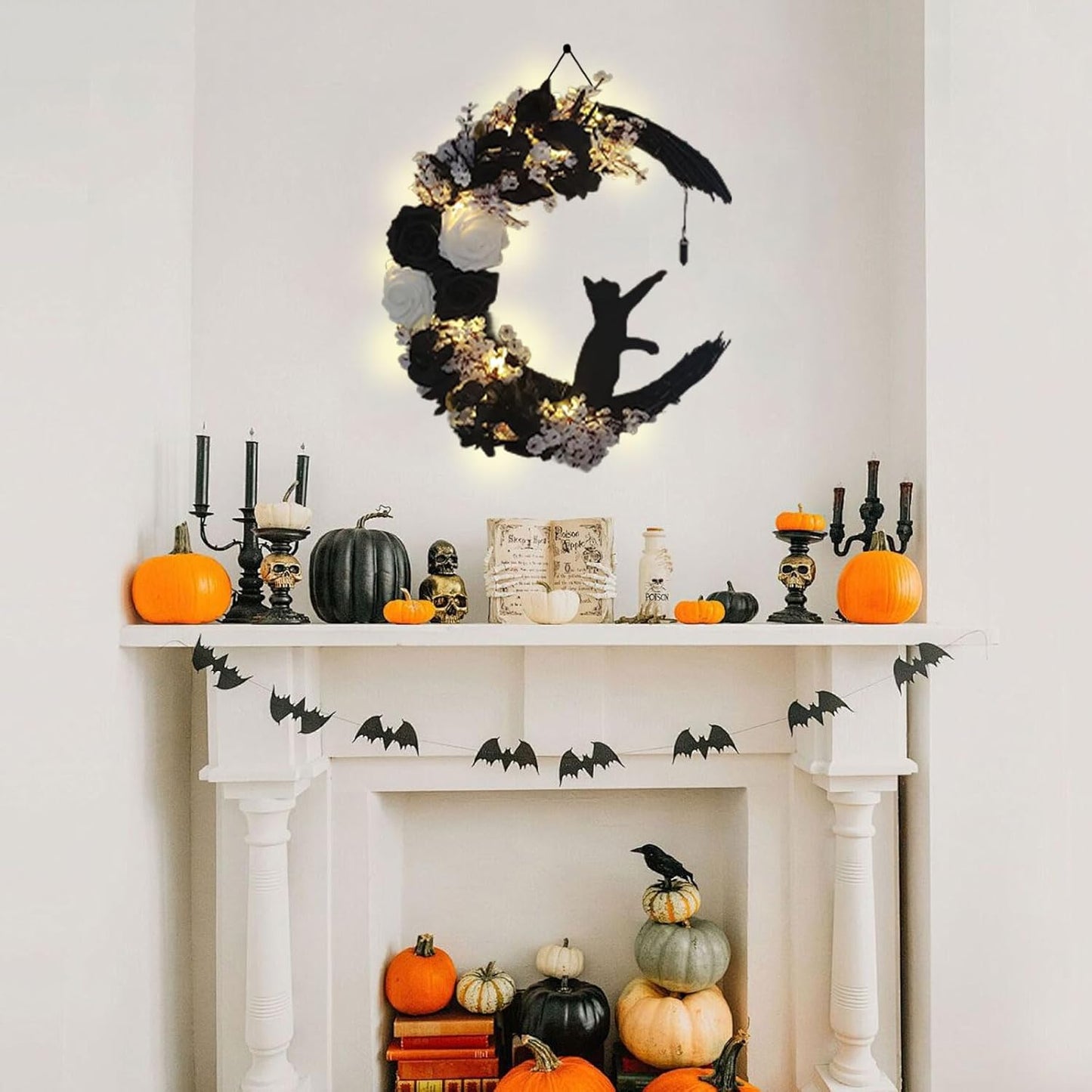 Halloween Wreaths For Front Door, Flower Moon Cat Halloween Home Decoration, Halloween Family Gathering Decoration Wreath,Outdoor, Wall, Closet, Fence, Wreath Halloween (Moon Cat - White)