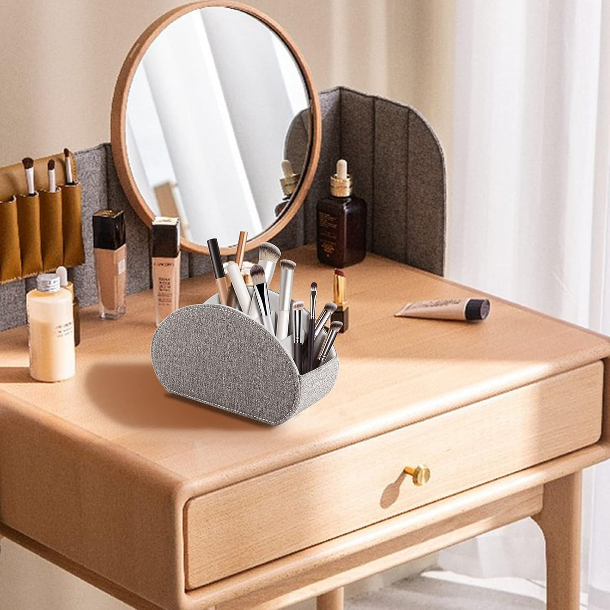 Tv Remote Holder Tray with 5 Compartments,PU Leather Remote Control Holder/Caddy Nightstand Decoration,Placed Media Remote Storage Box/Glasses/Makeup Brush/Office Products/Desktop Organizer (Grey)