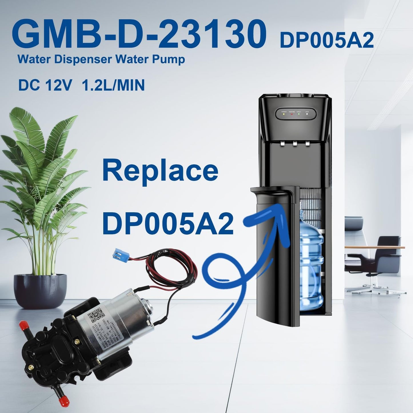 GMB-D-23130 Water Pump Compatible with Midea Avalon Primo Brio Water Dispenser 1.2L/min DC12V, Replaces DP005A2 MO-12265 Bottom Loading Bottled Water Cooler Dispenser