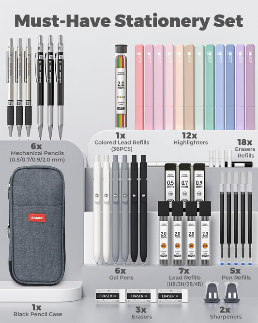 Four Candies School Supplies with Pencil Case, 45ct Black | Back to School Stationery Set, Essentials for College & Nursing Students, 6 Gel Pens, 6 Mechanical Pencils, 12 Highlighters