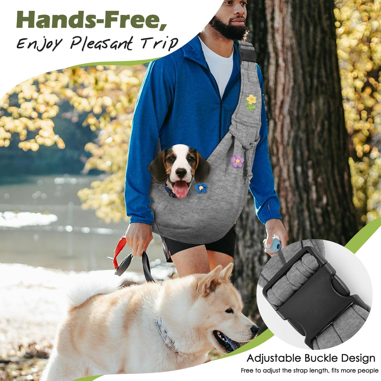 Pawaboo Small Dog Sling Carrier, Reversible Hands Free Dog Sling Carrier for Small Dogs and Cats, Puppy Sling Carrier with Adjustable Strap Buckle & Safety Harness, Puppy Essentials, Grey