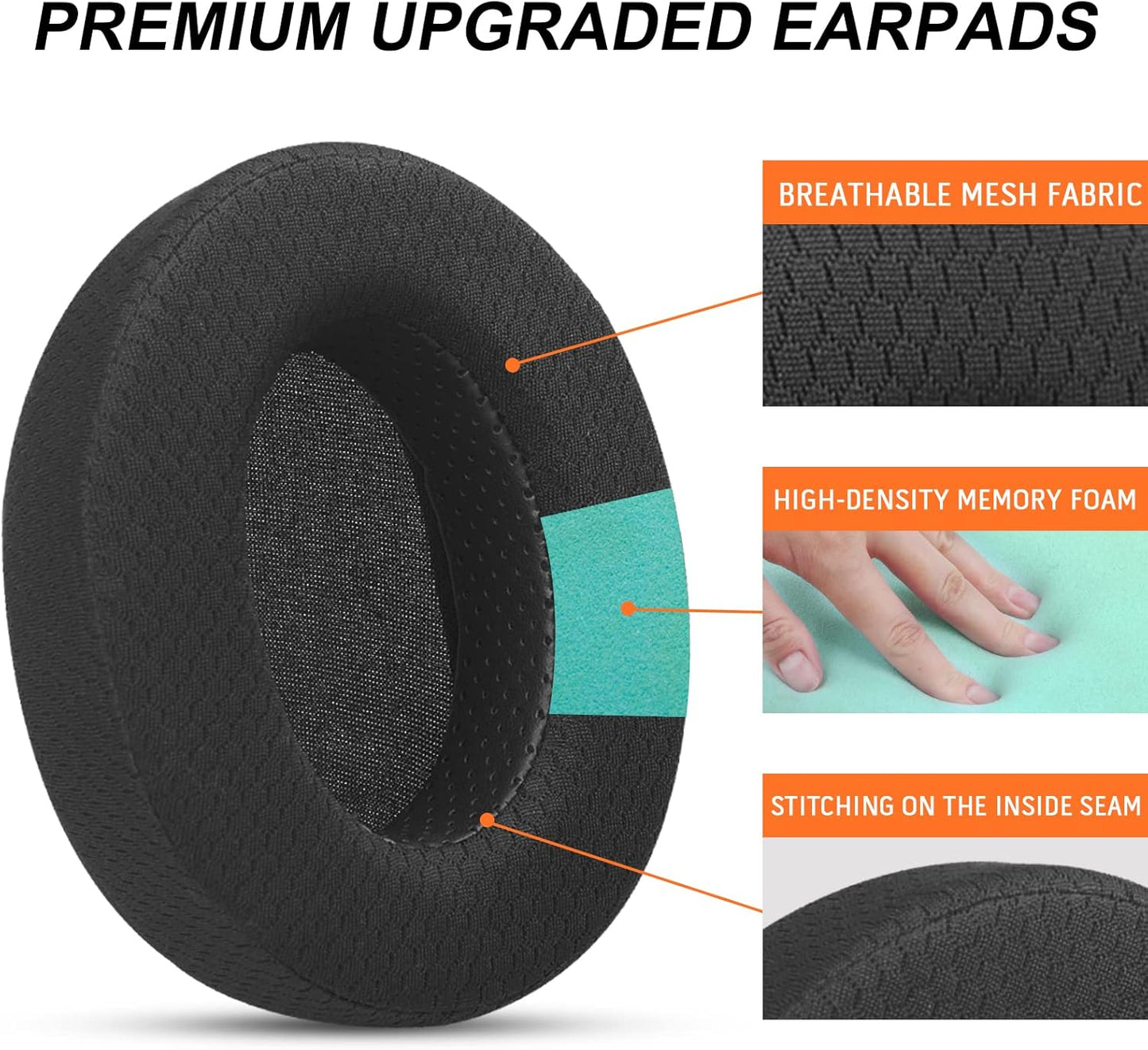 Upgraded Replacement Earpads Cushions for HyperX Cloud/Alpha, for Turtle Beach Stealth 400/600, for Audio Technica M50X/M40X&More, Ear Pads with Breathable Mesh Fabric/Added Thickness