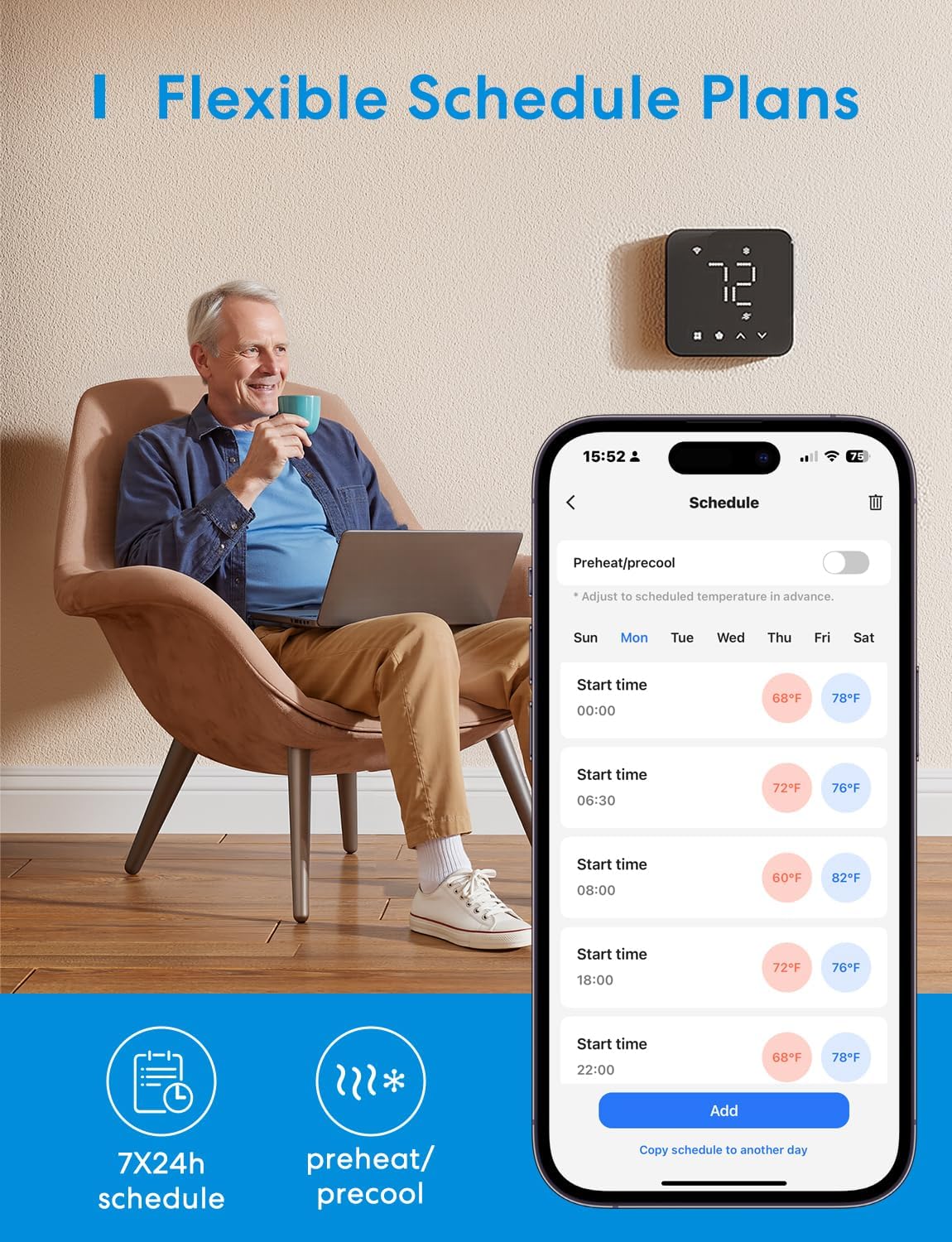 meross Smart Thermostat for Home, WiFi Thermostat Works with Matter, Alexa, Apple Home, Google Assistant, App Voice Control, 7x24h Scheduling, Energy Saving, C-Wire Required