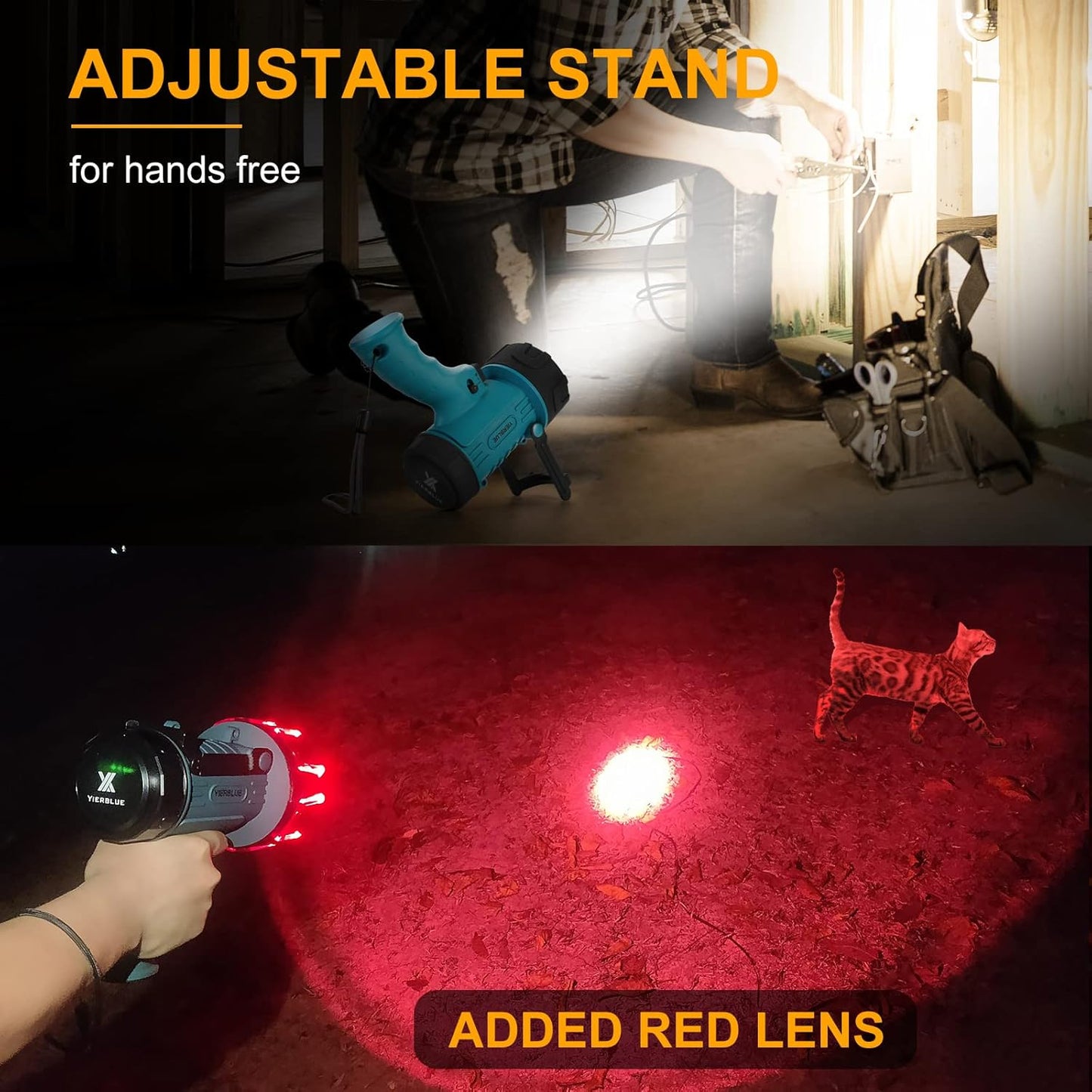 YIERBLUE Rechargeable Spotlight Flashlight with Super High Lumen LED, IP67 Waterproof Long Running Spot Light searchlight, Impact Resistant Handheld Spotlight with Foldable Stand Red Lens